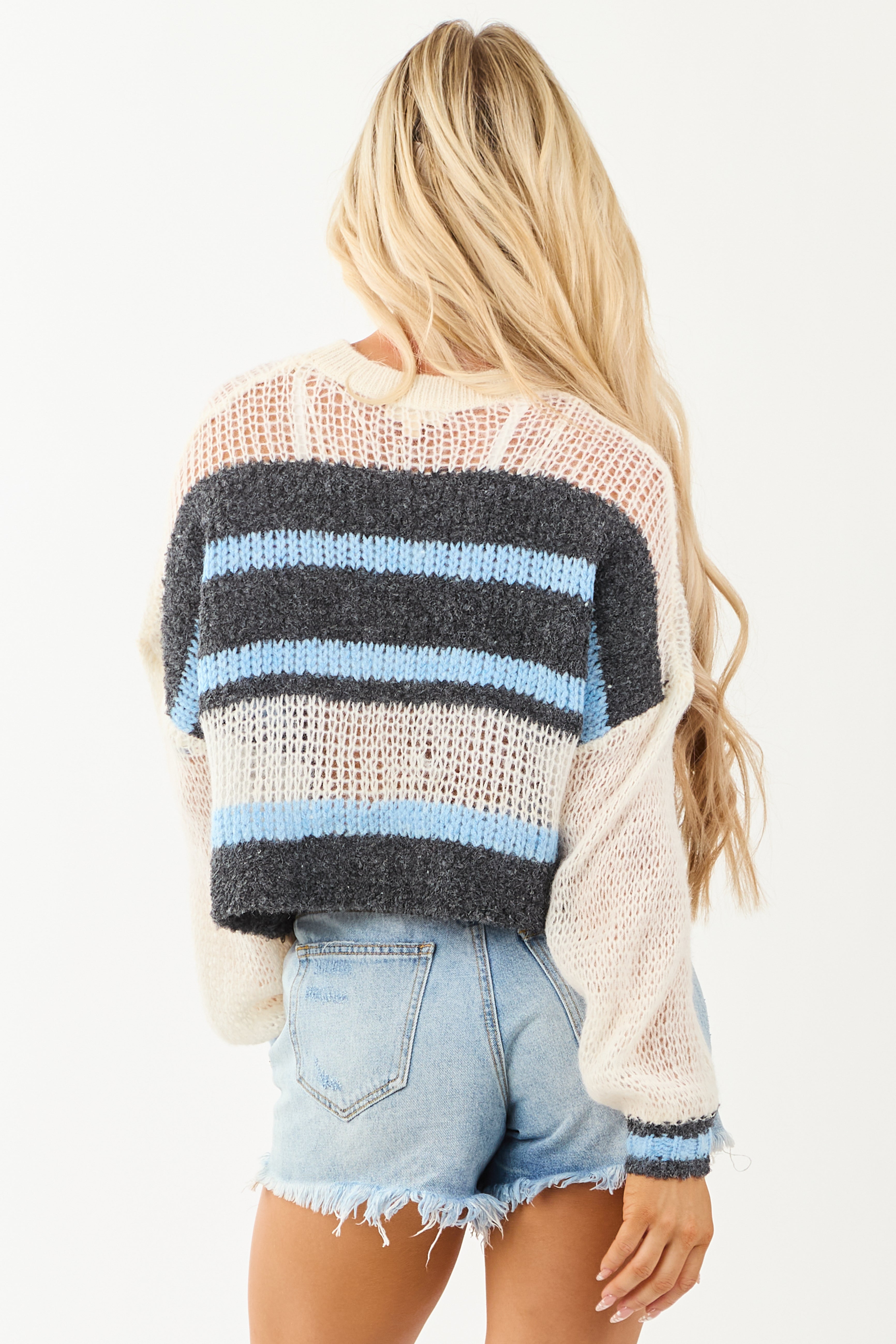 Ivory Striped Long Sleeve Cropped Knit Sweater
