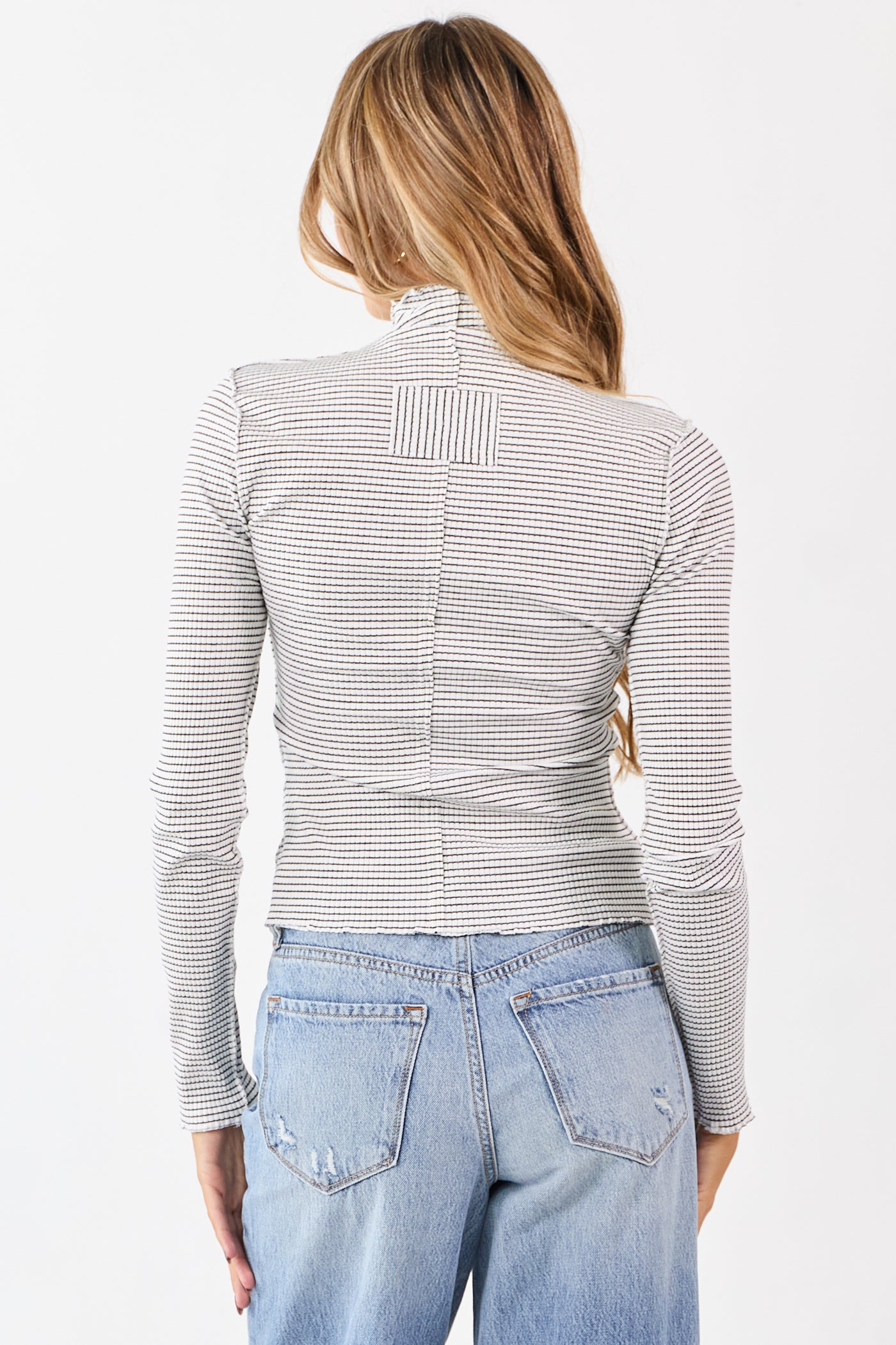 Ivory Striped Ribbed Knit Long Sleeve Mock Neck Top
