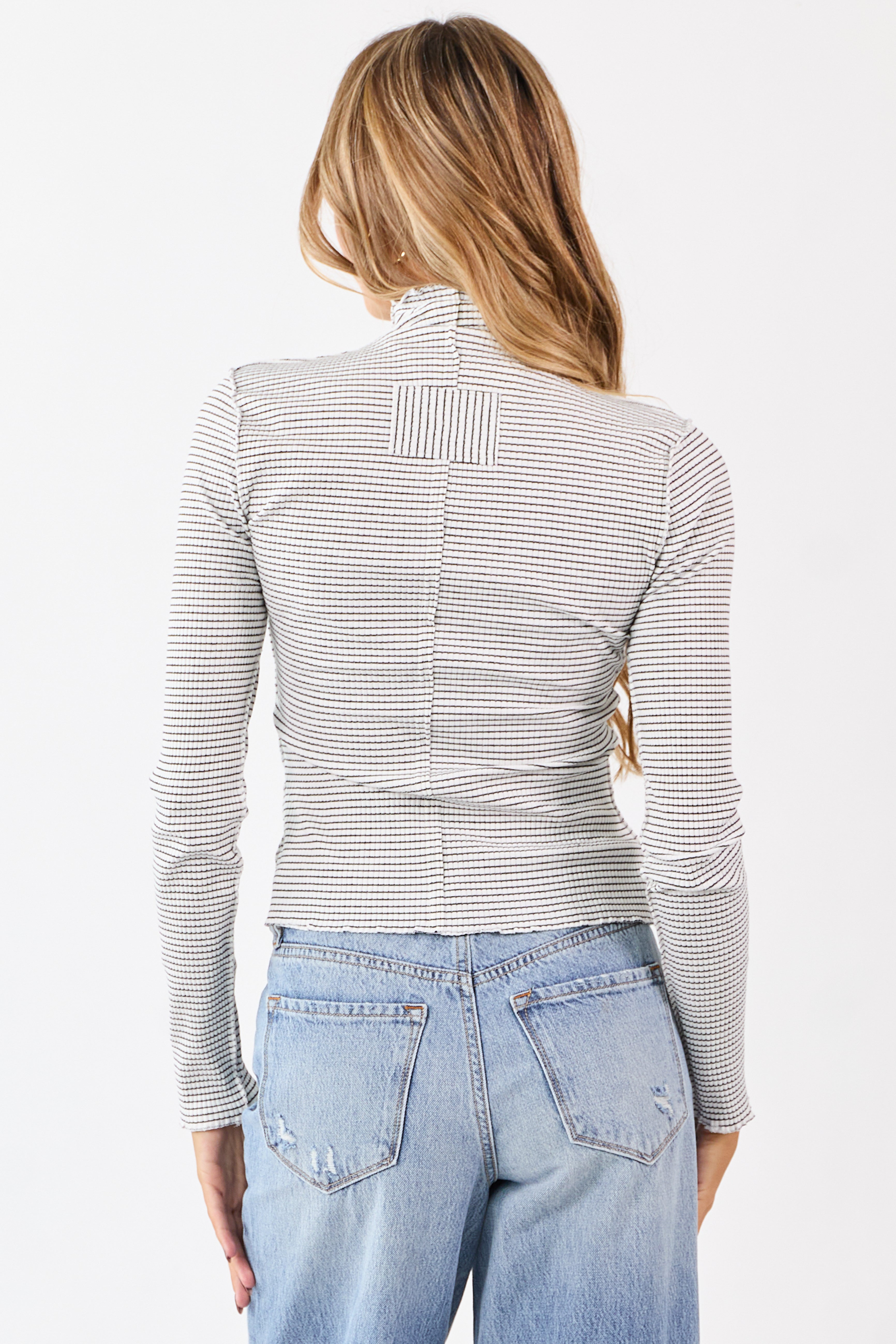 Ivory Striped Ribbed Knit Long Sleeve Mock Neck Top