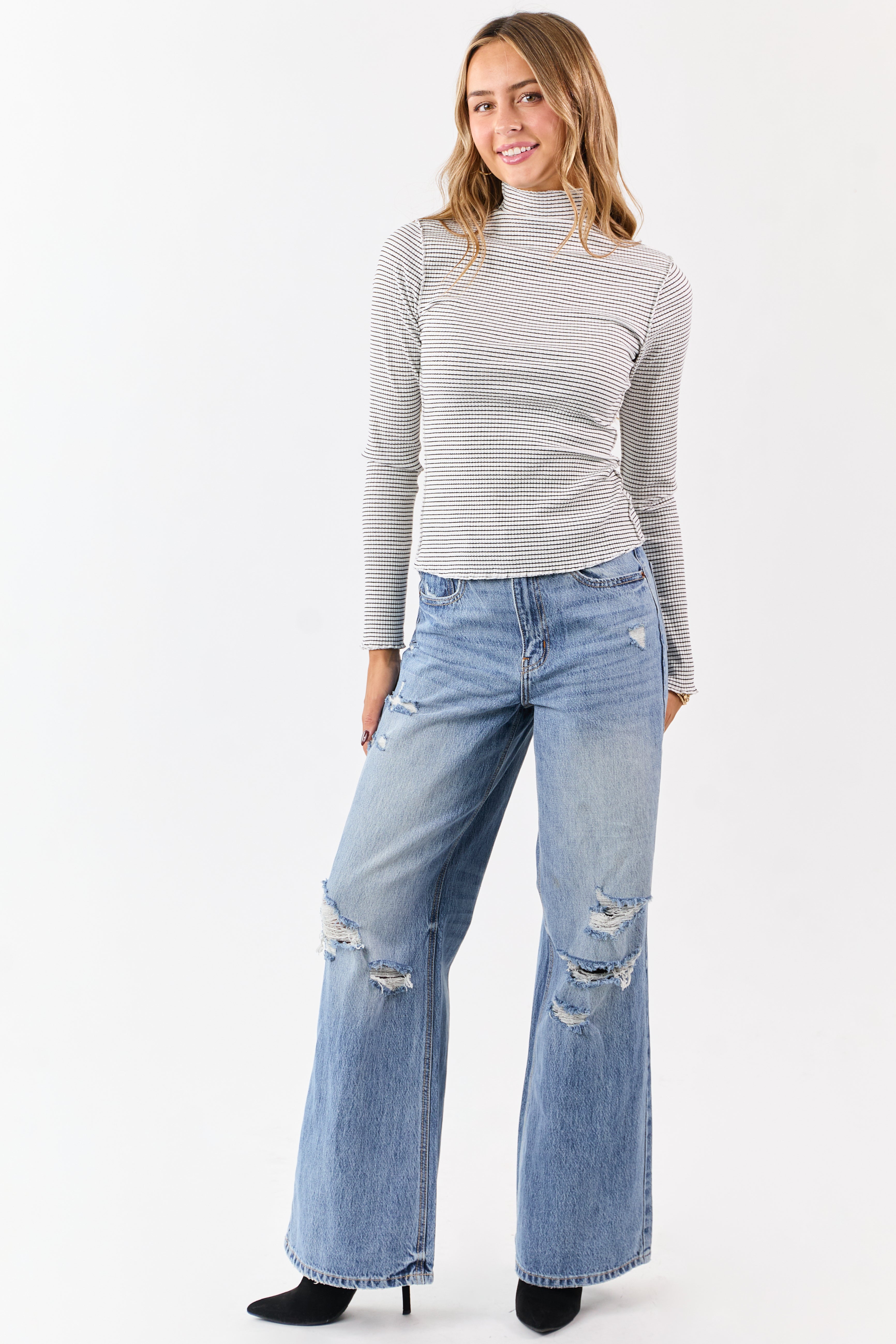 Ivory Striped Ribbed Knit Long Sleeve Mock Neck Top