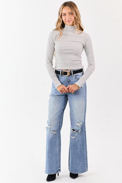 Ivory Striped Ribbed Knit Long Sleeve Mock Neck Top