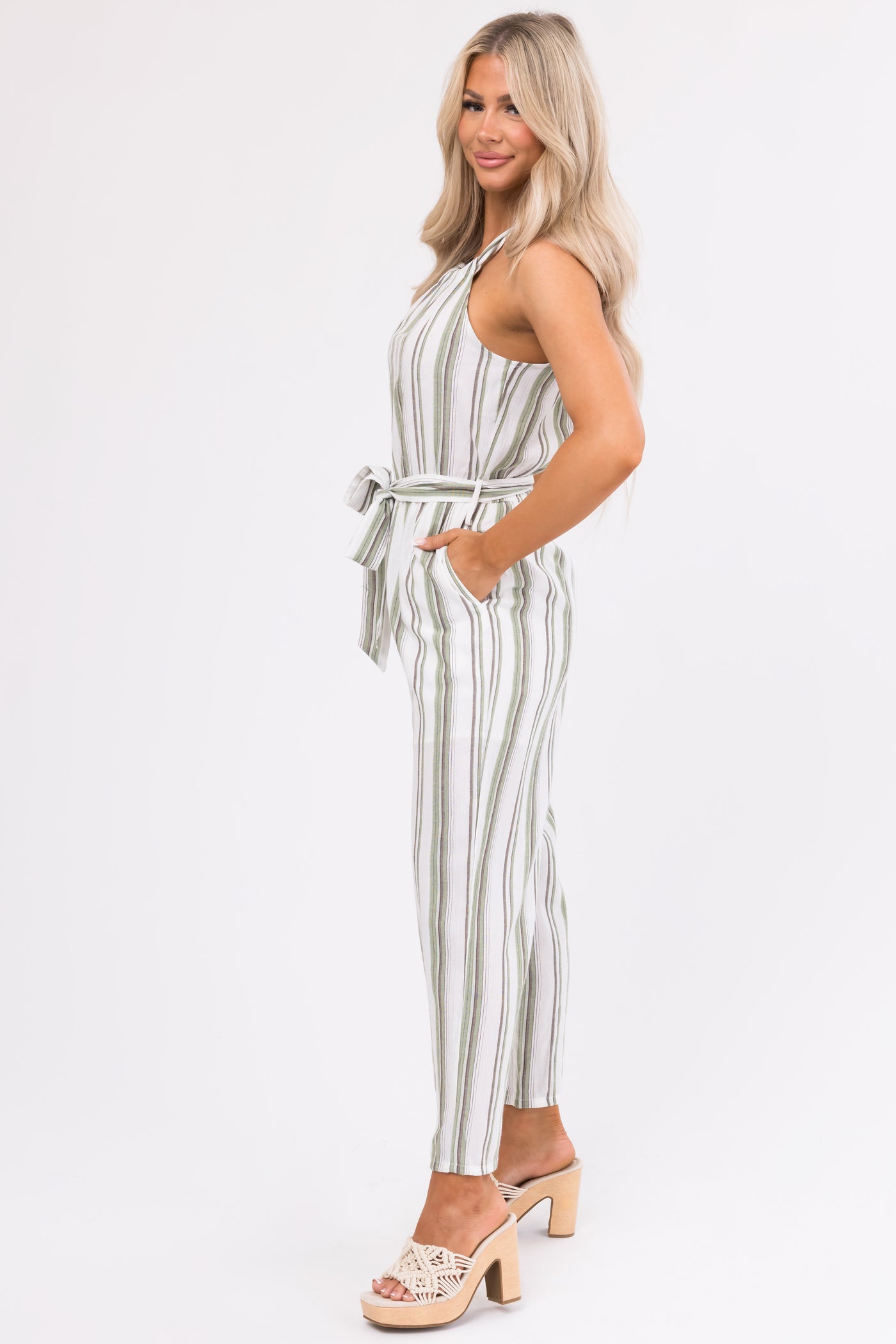 Ivory Striped Sleeveless Waist Tie Jumpsuit