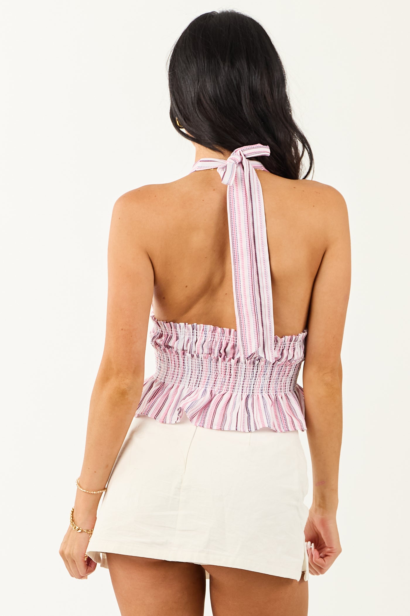 Ivory Striped V Neck Halter Cotton Crop Top