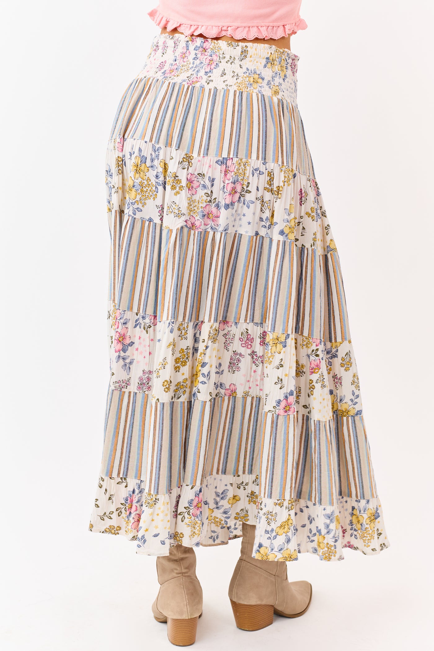 Ivory Striped and Floral Print Tiered Midi Skirt