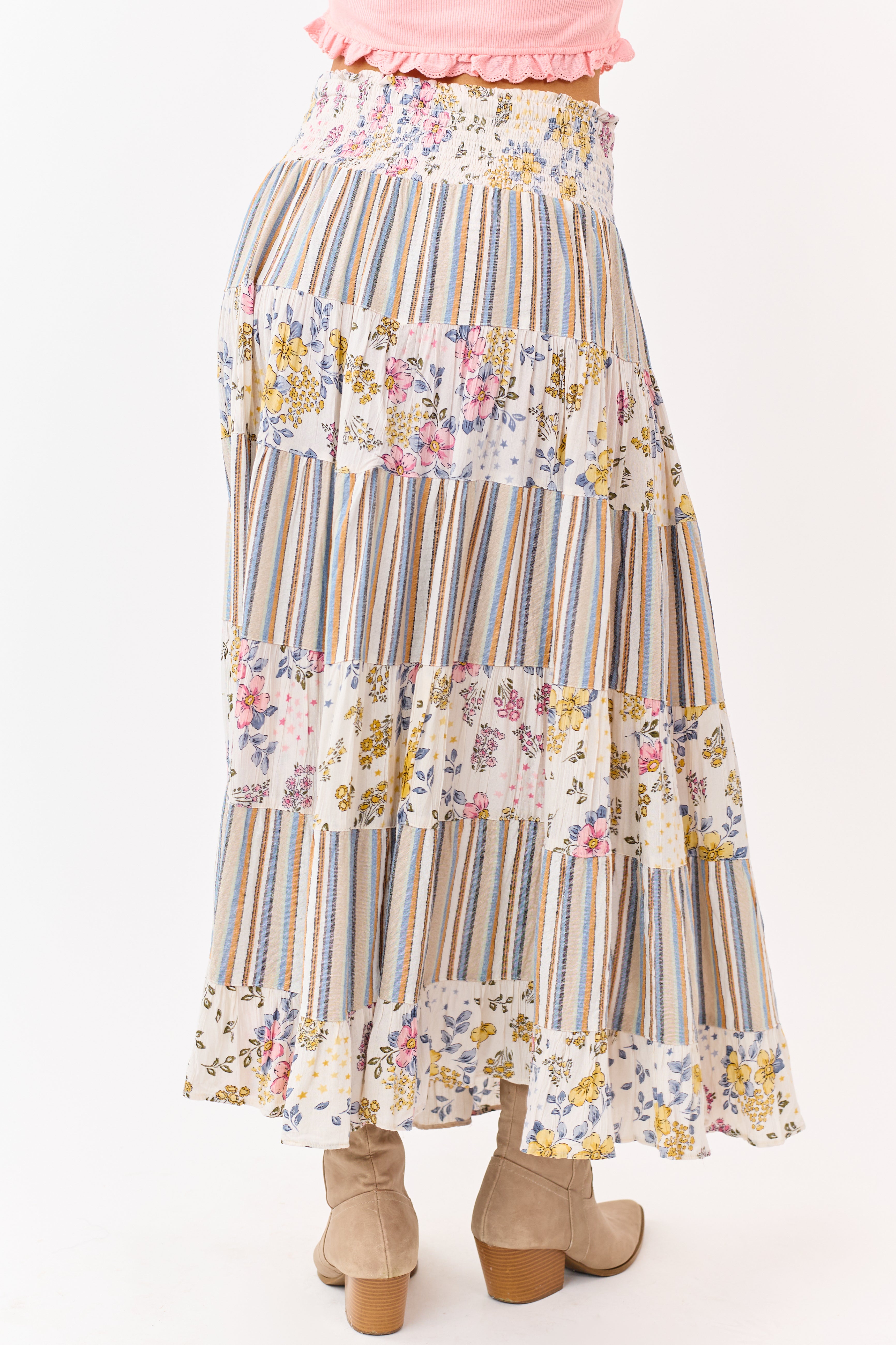 Ivory Striped and Floral Print Tiered Midi Skirt