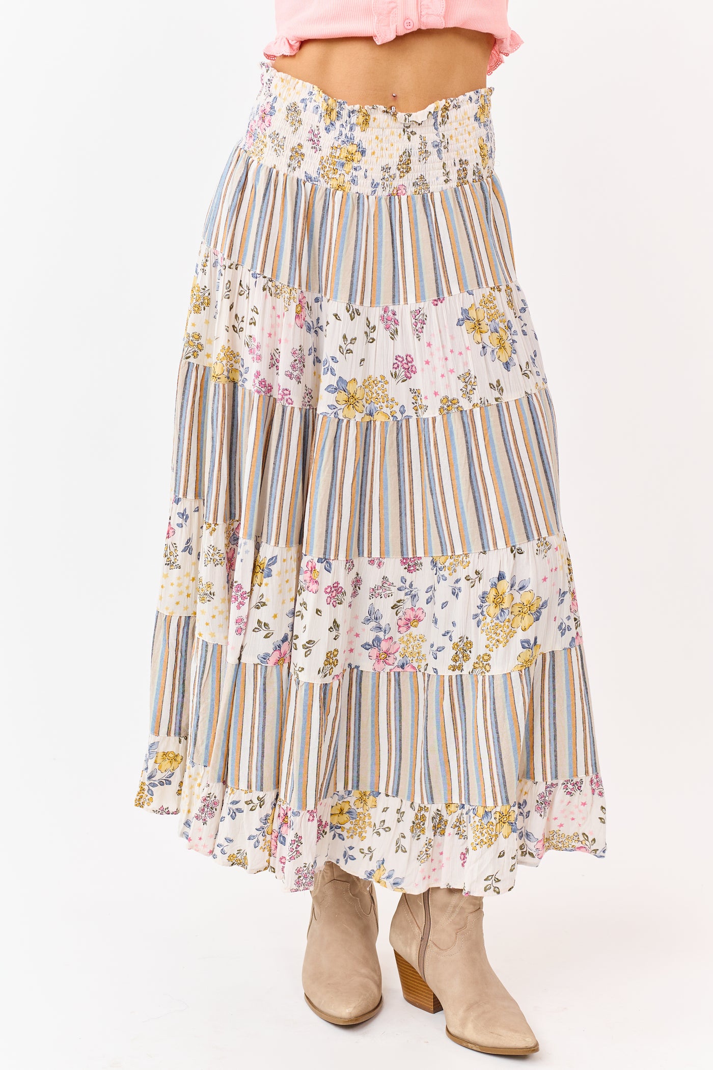 Ivory Striped and Floral Print Tiered Midi Skirt