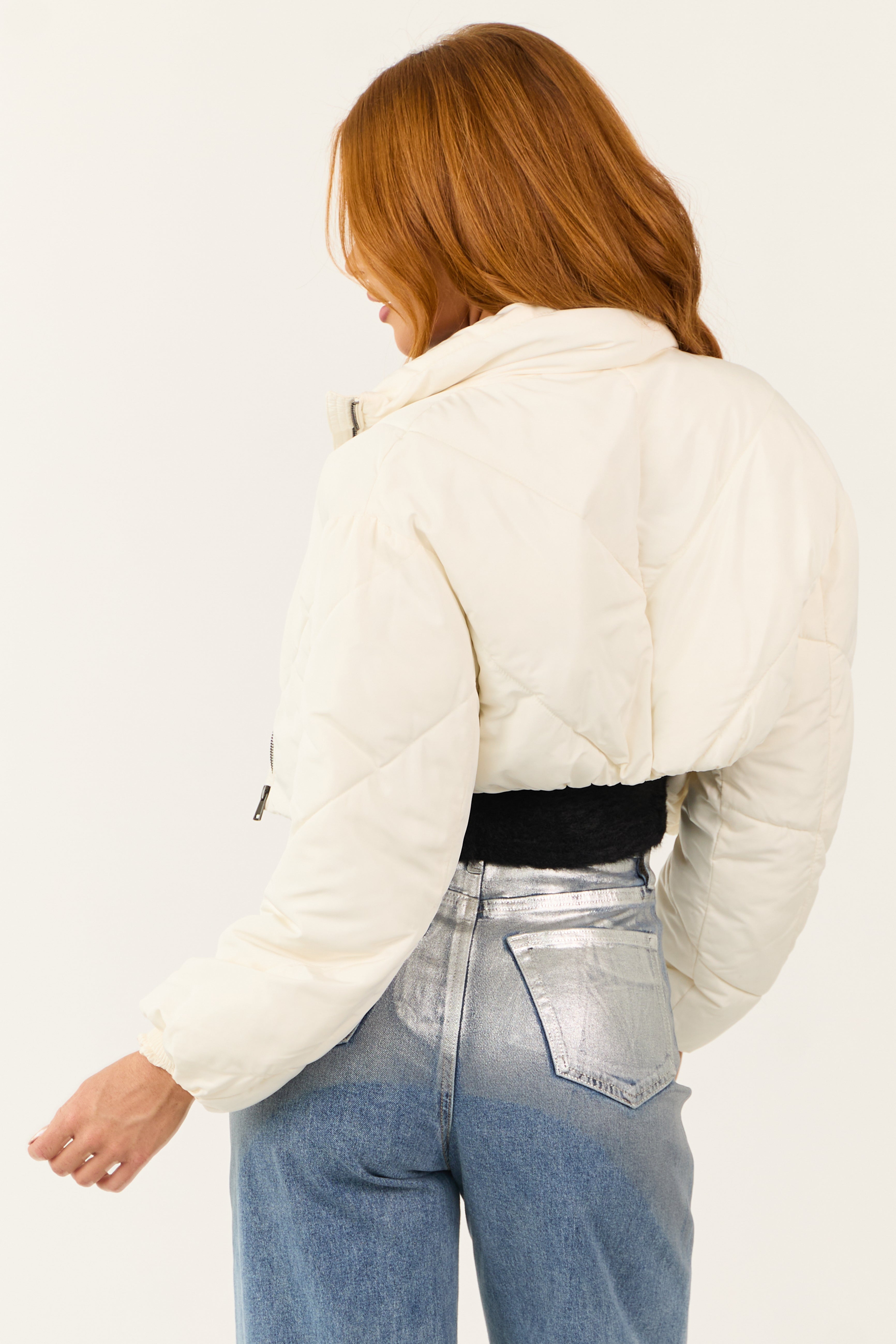 Ivory Super Cropped Zip Up Puffer Jacket | Lime Lush Boutique