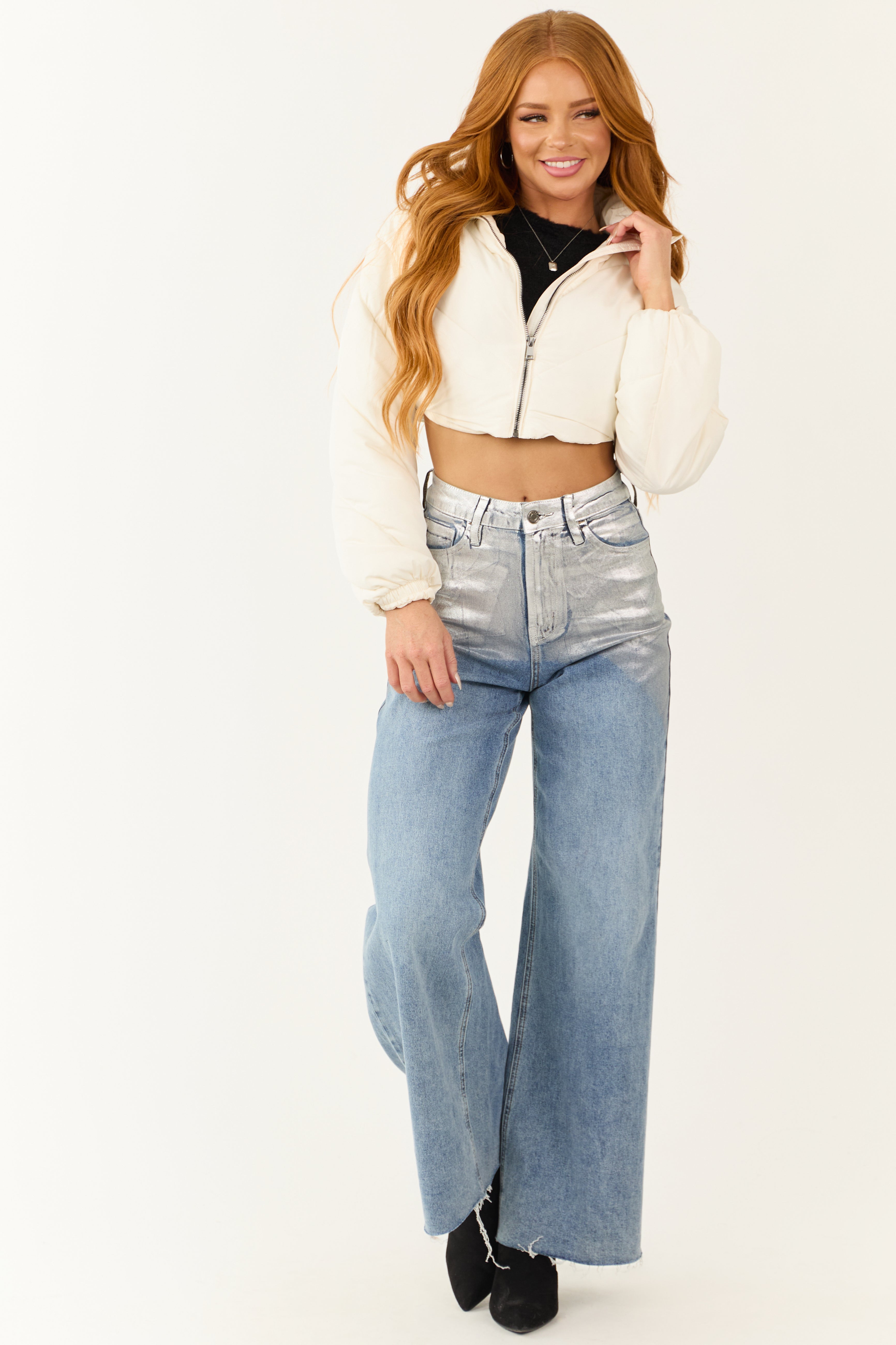 Ivory Super Cropped Zip Up Puffer Jacket | Lime Lush Boutique