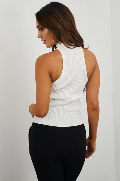 Ivory Sweater Knit Crossed Halter Tank Top