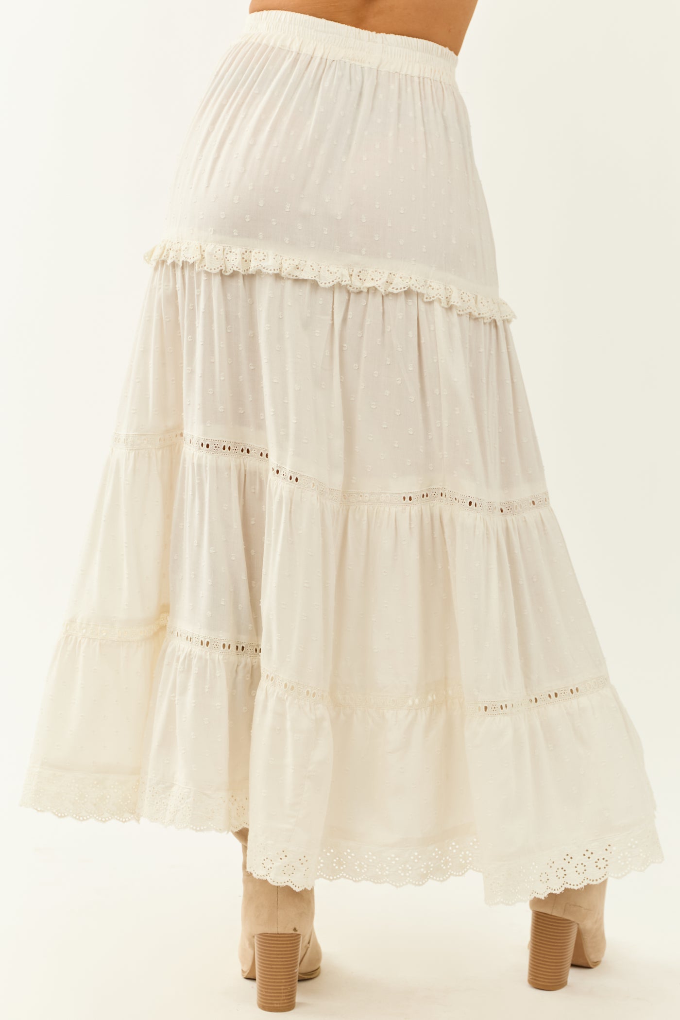 Ivory Swiss Dot Front Slit Tiered Maxi Skirt
