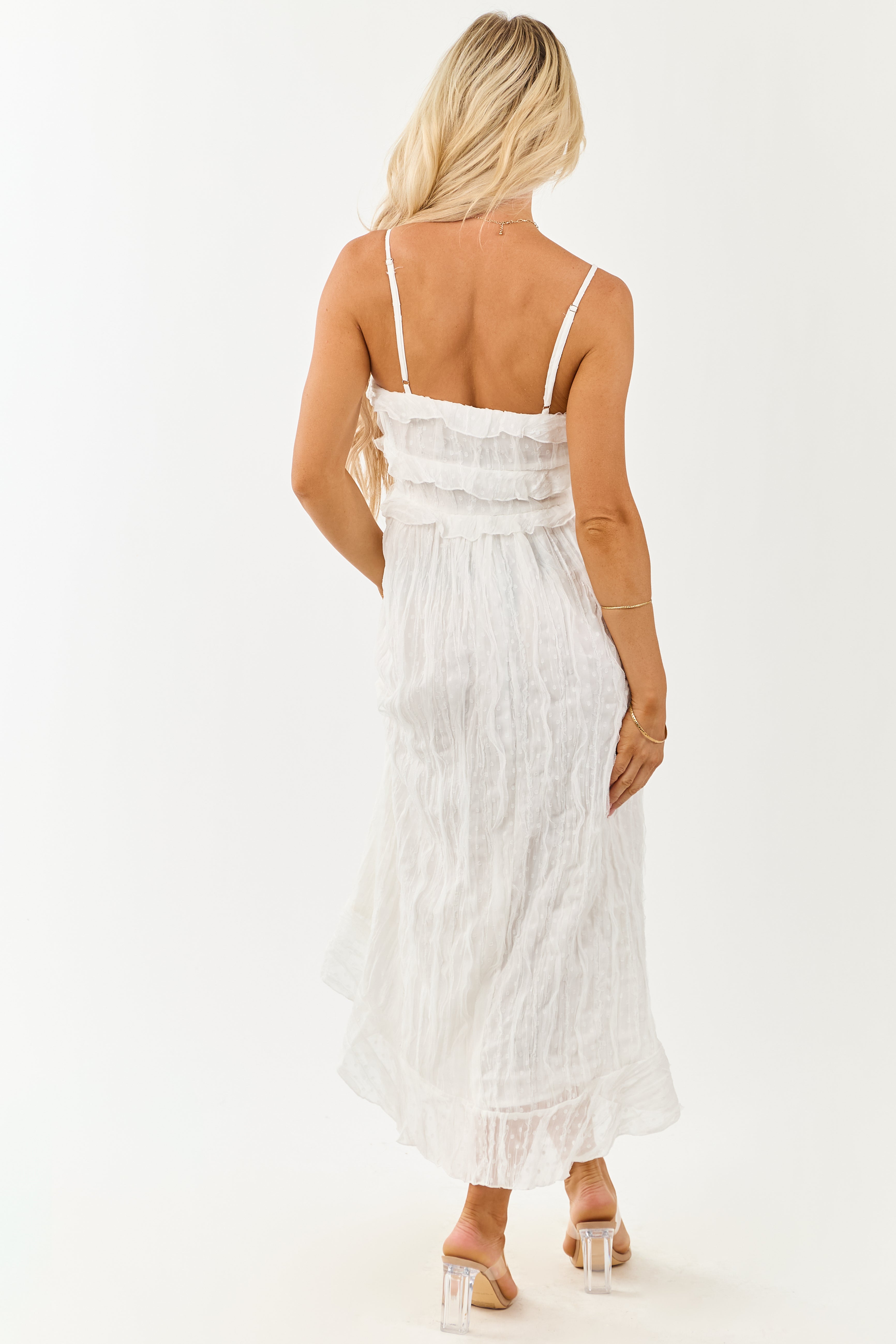 Ivory Swiss Dot Ruffle Chiffon Button Down Midi Dress