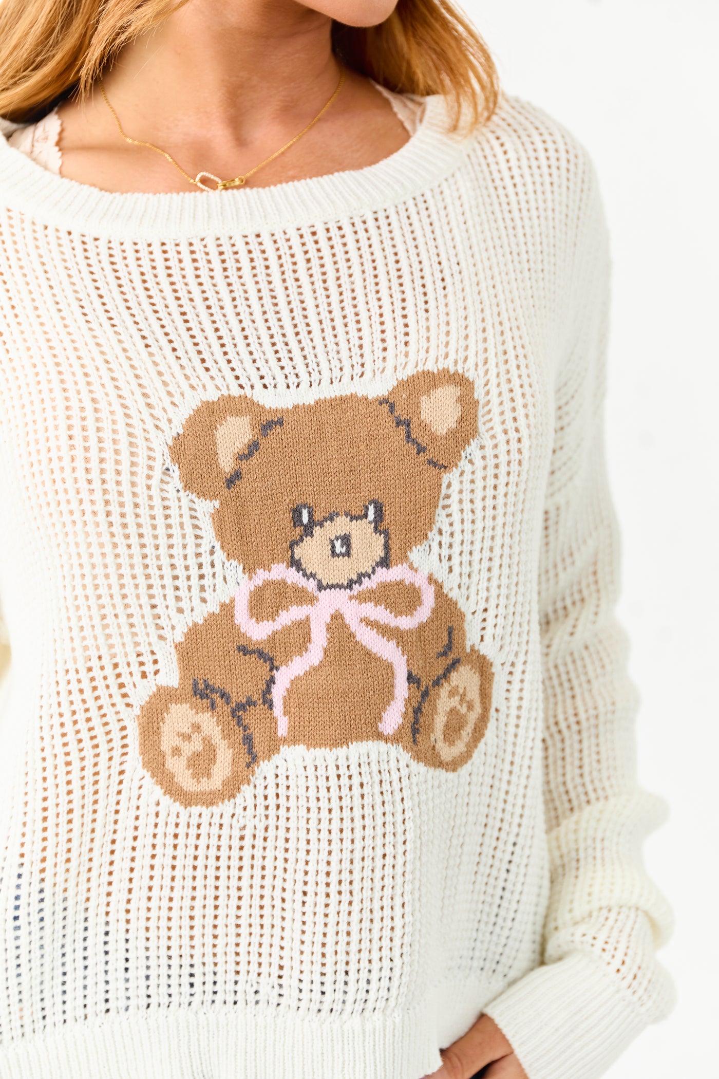 Ivory Teddy Bear Graphic Open Knit Sweater