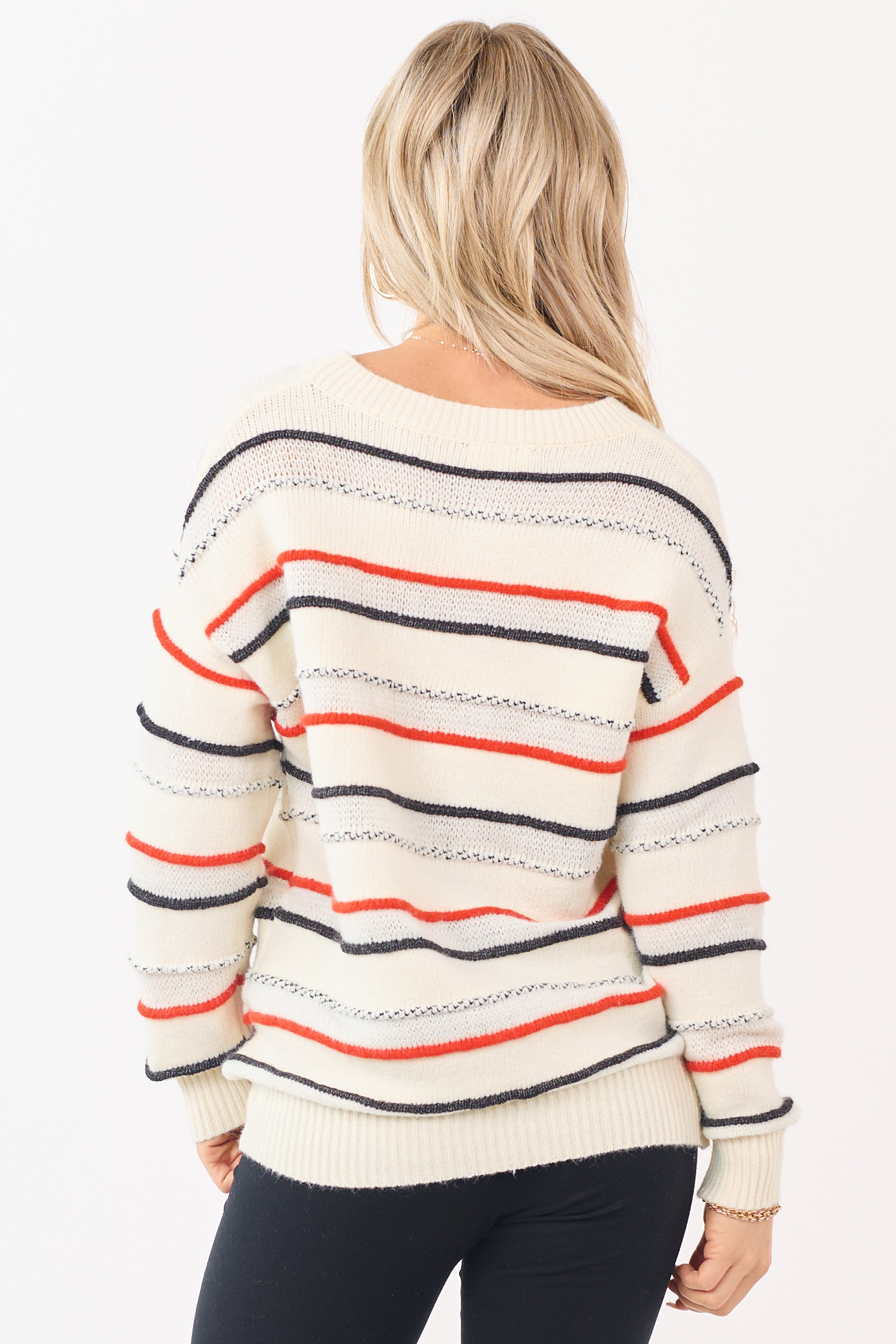 Ivory Textured Striped Open Knit Sweater