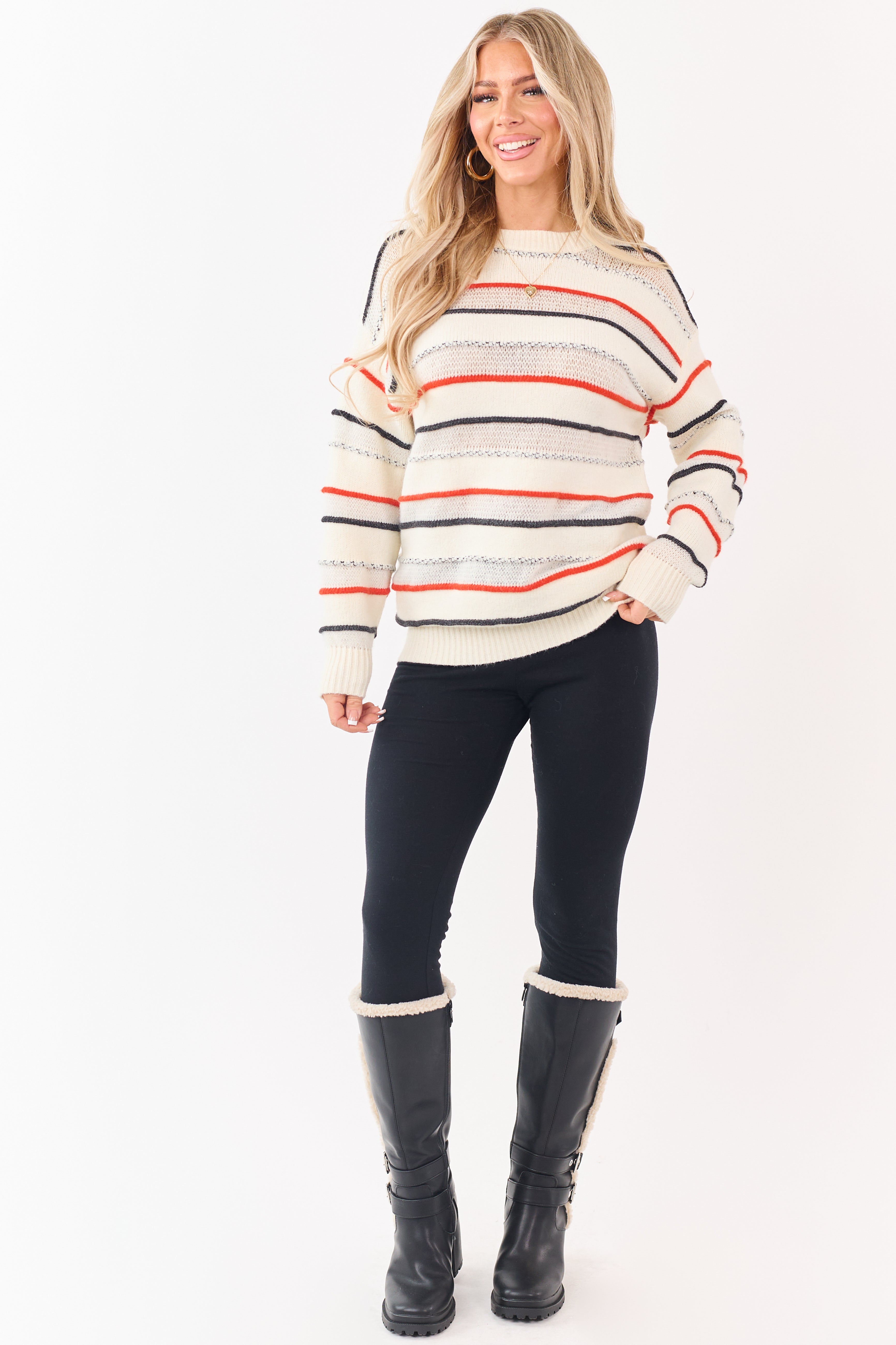 Ivory Textured Striped Open Knit Sweater