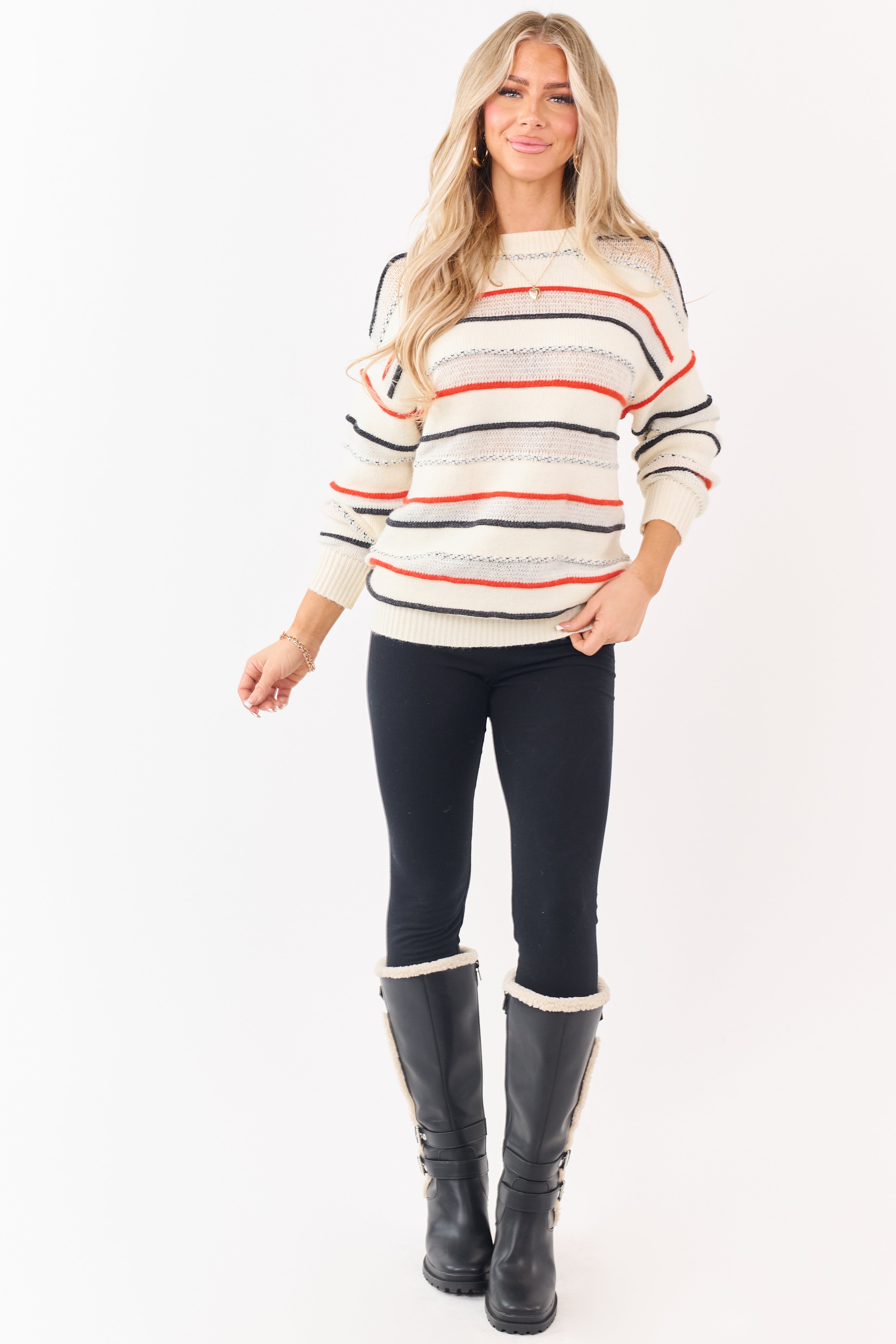Ivory Textured Striped Open Knit Sweater