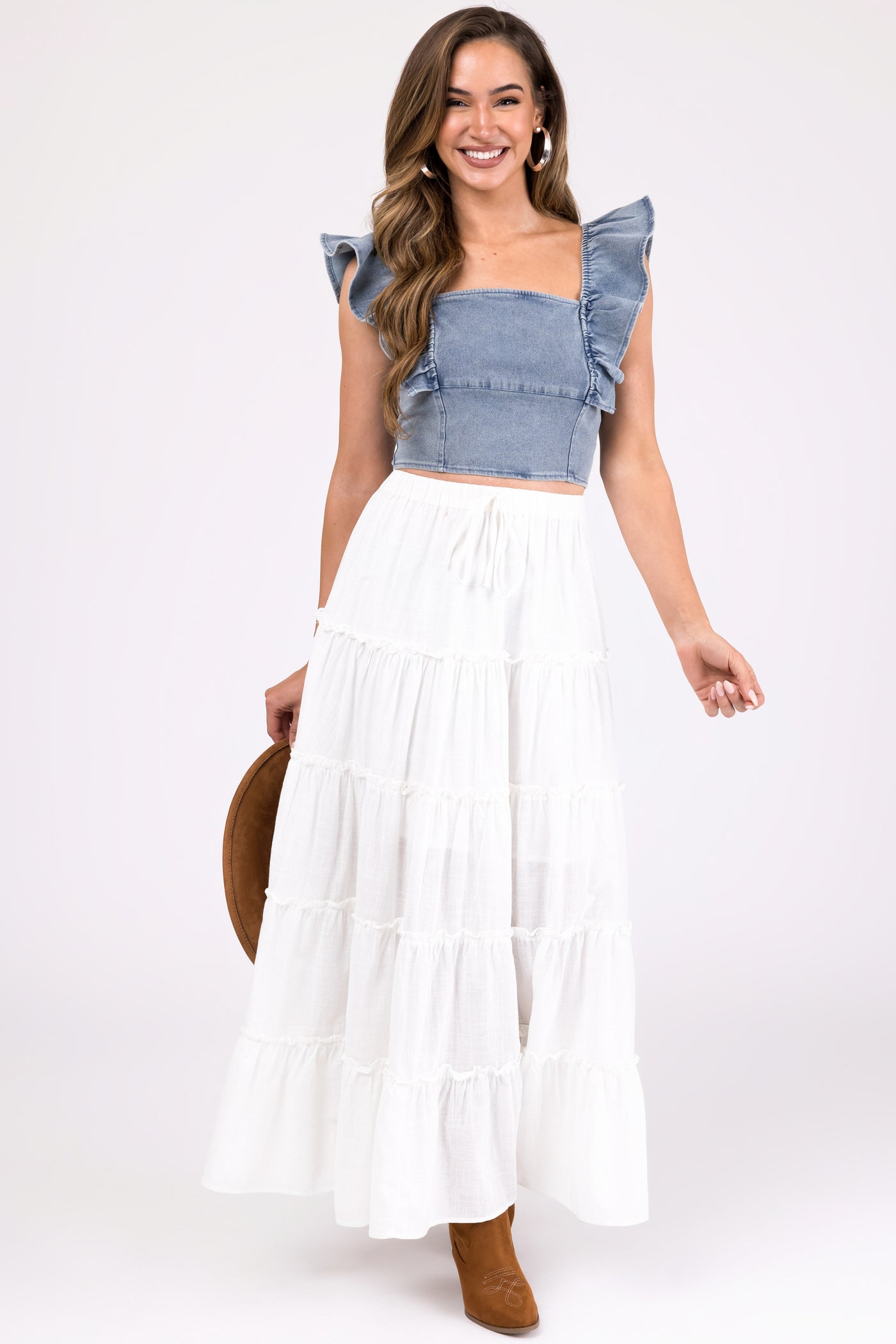 Ivory Tiered Frill Detail Drawstring Maxi Skirt