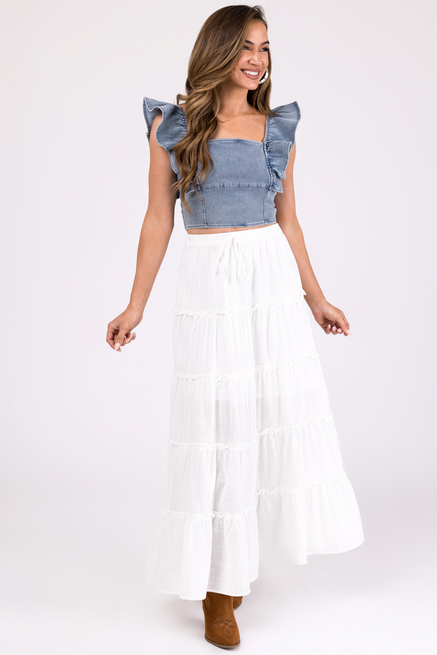 Ivory Tiered Frill Detail Drawstring Maxi Skirt