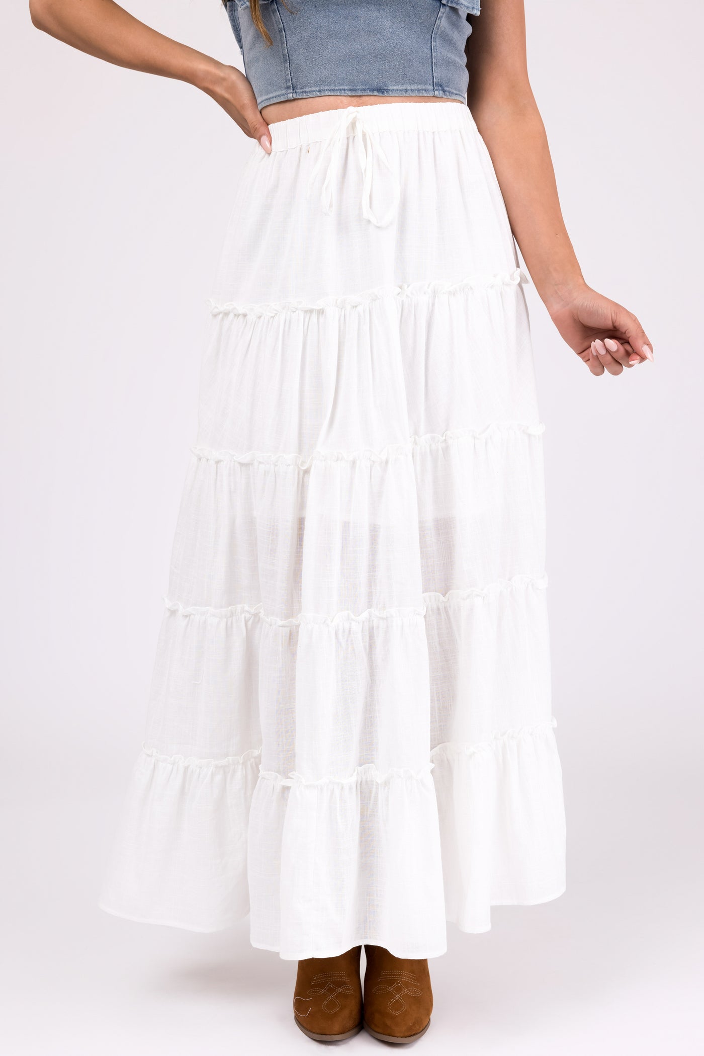 Ivory Tiered Frill Detail Drawstring Maxi Skirt