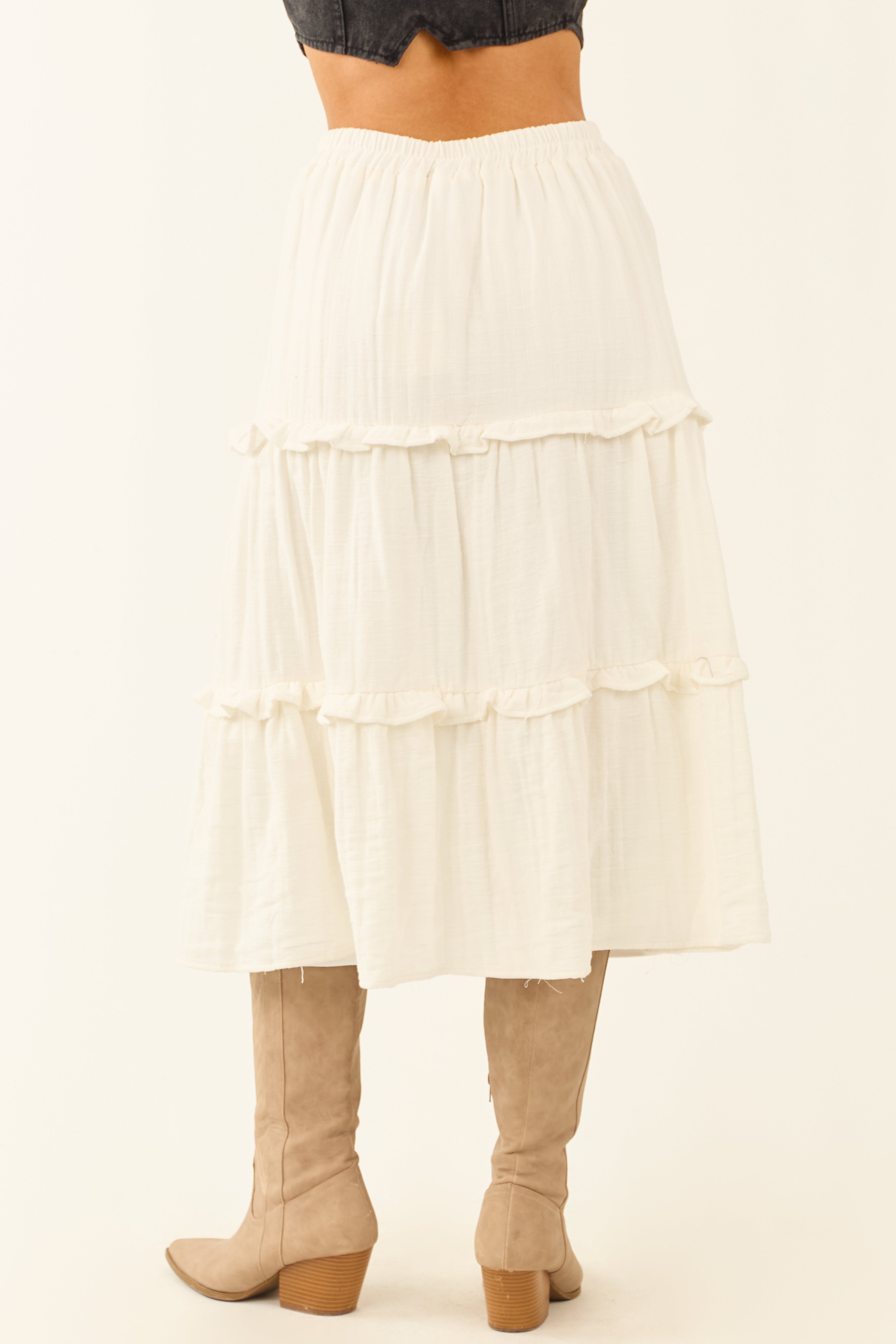 Ivory Tiered Frill Smocked Waist Midi Skirt | Lime Lush Boutique