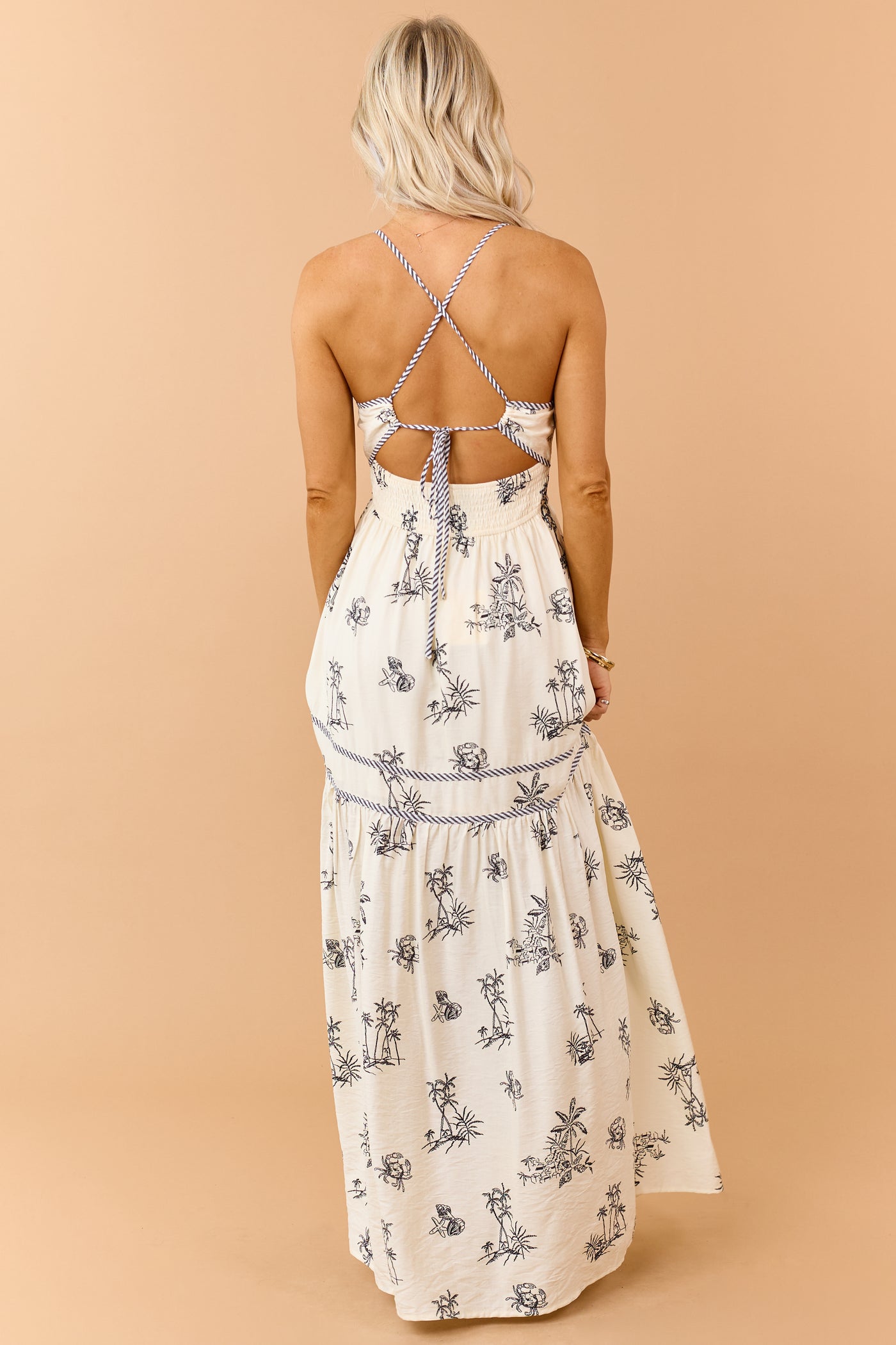 Ivory Tropical Print Contrast Trim Maxi Sundress