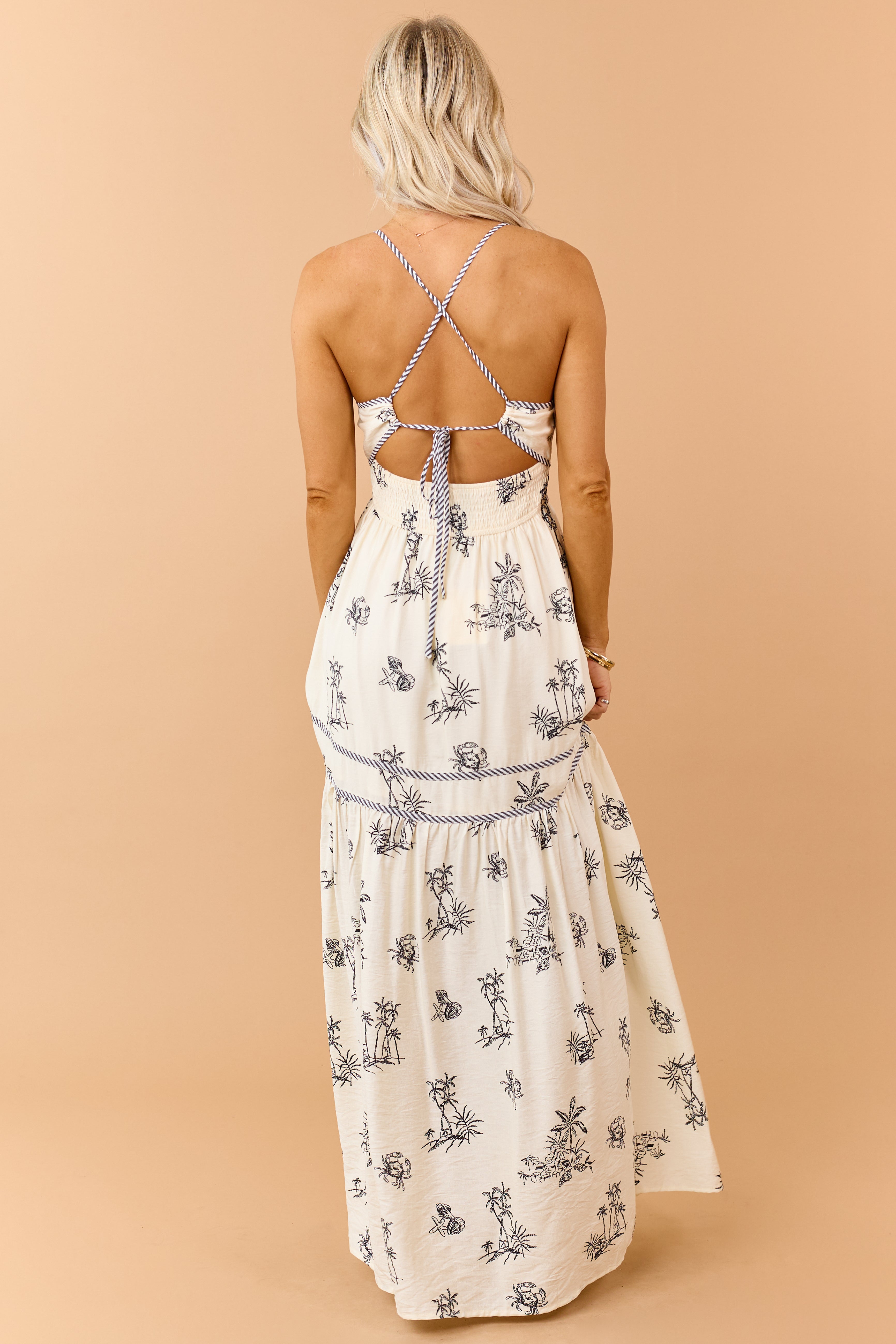 Ivory Tropical Print Contrast Trim Maxi Sundress