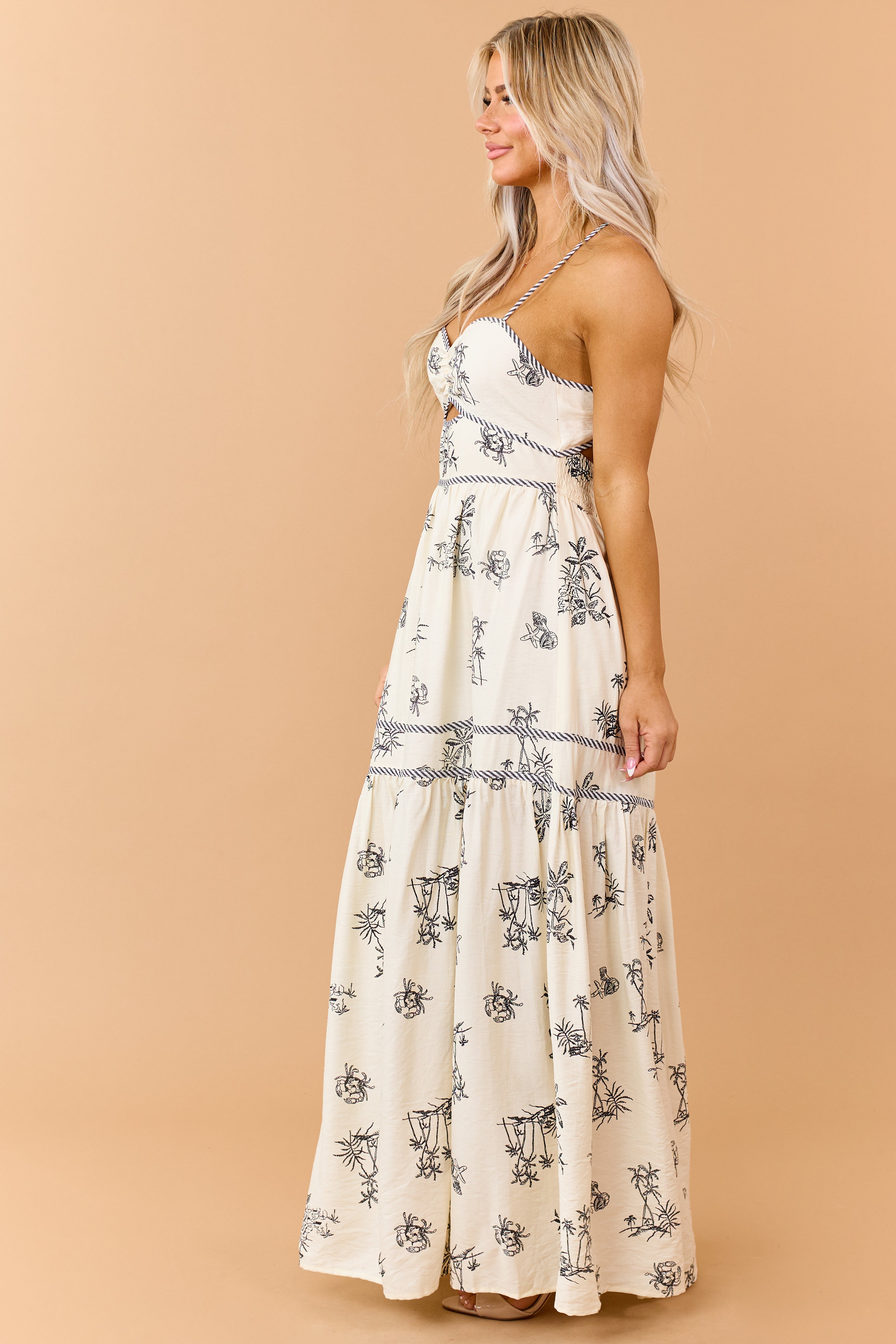 Ivory Tropical Print Contrast Trim Maxi Sundress