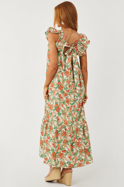 Ivory Tropical Print Ruffle Cap Sleeve Maxi Dress