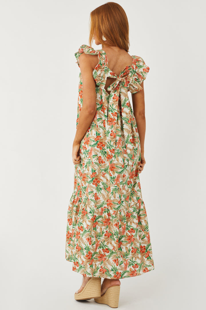Ivory Tropical Print Ruffle Cap Sleeve Maxi Dress