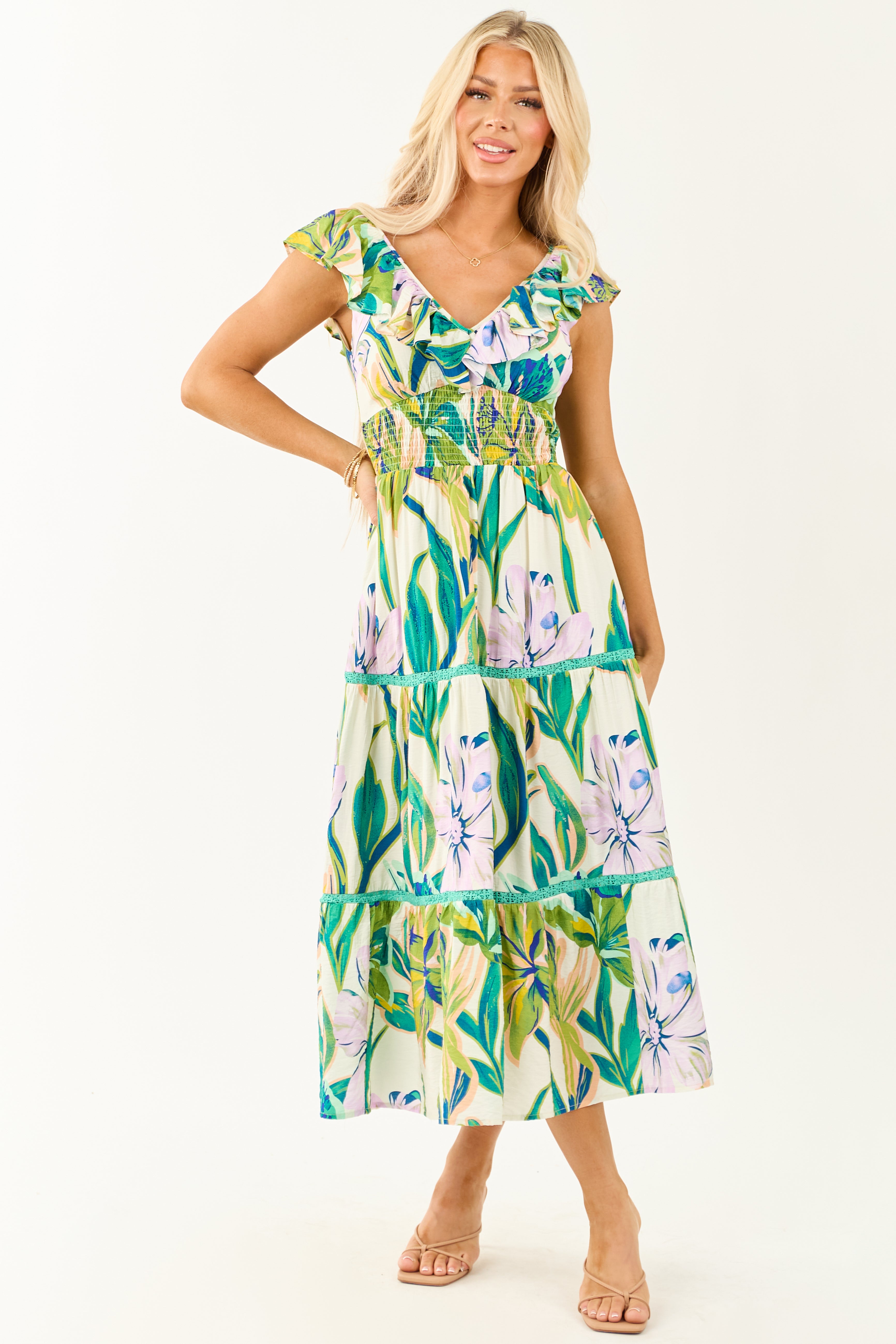 Ivory Tropical Print Smocked Lace Tiered Midi Dress - S Ivory Tropical Print Smocked Lace Tiered Midi Dress - S
