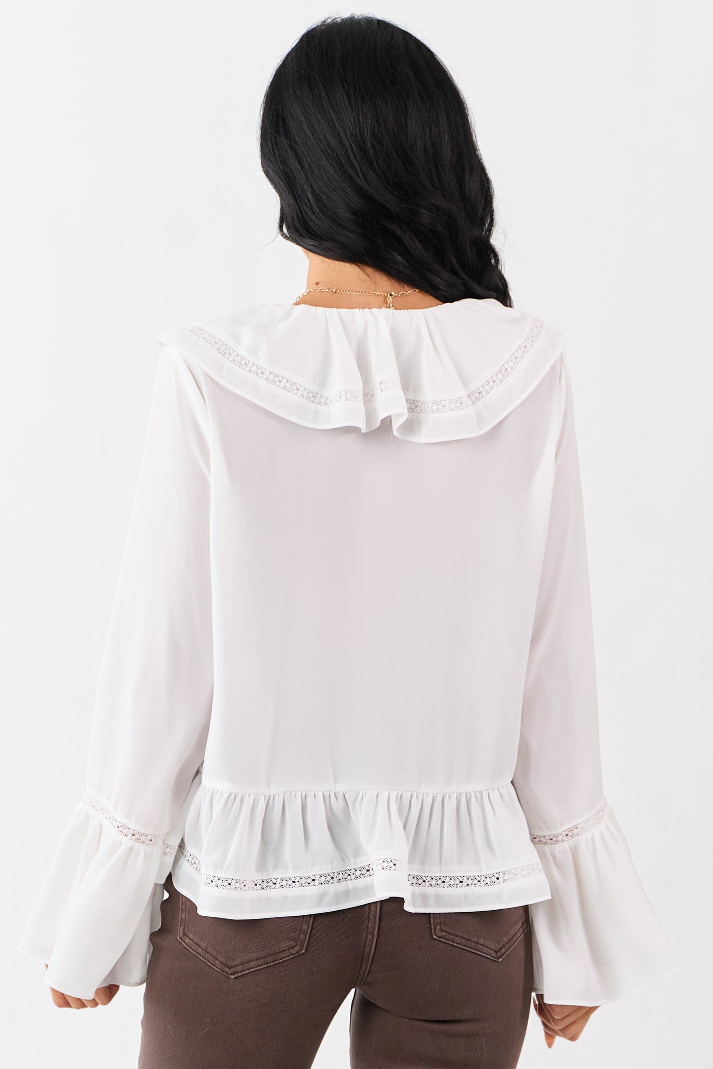 Ivory Trumpet Sleeve Ruffled Lace Trim Boho Blouse