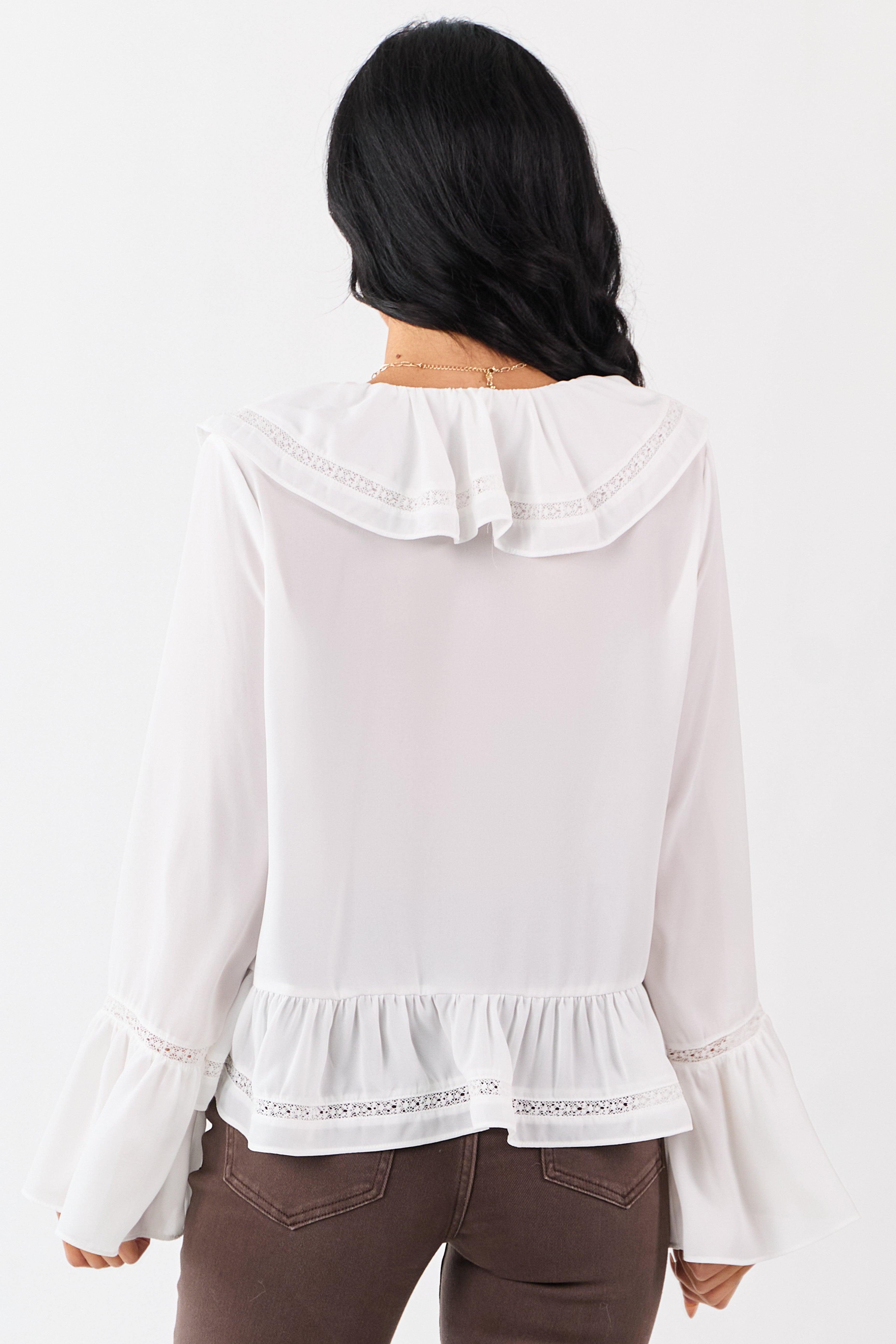 Ivory Trumpet Sleeve Ruffled Lace Trim Boho Blouse