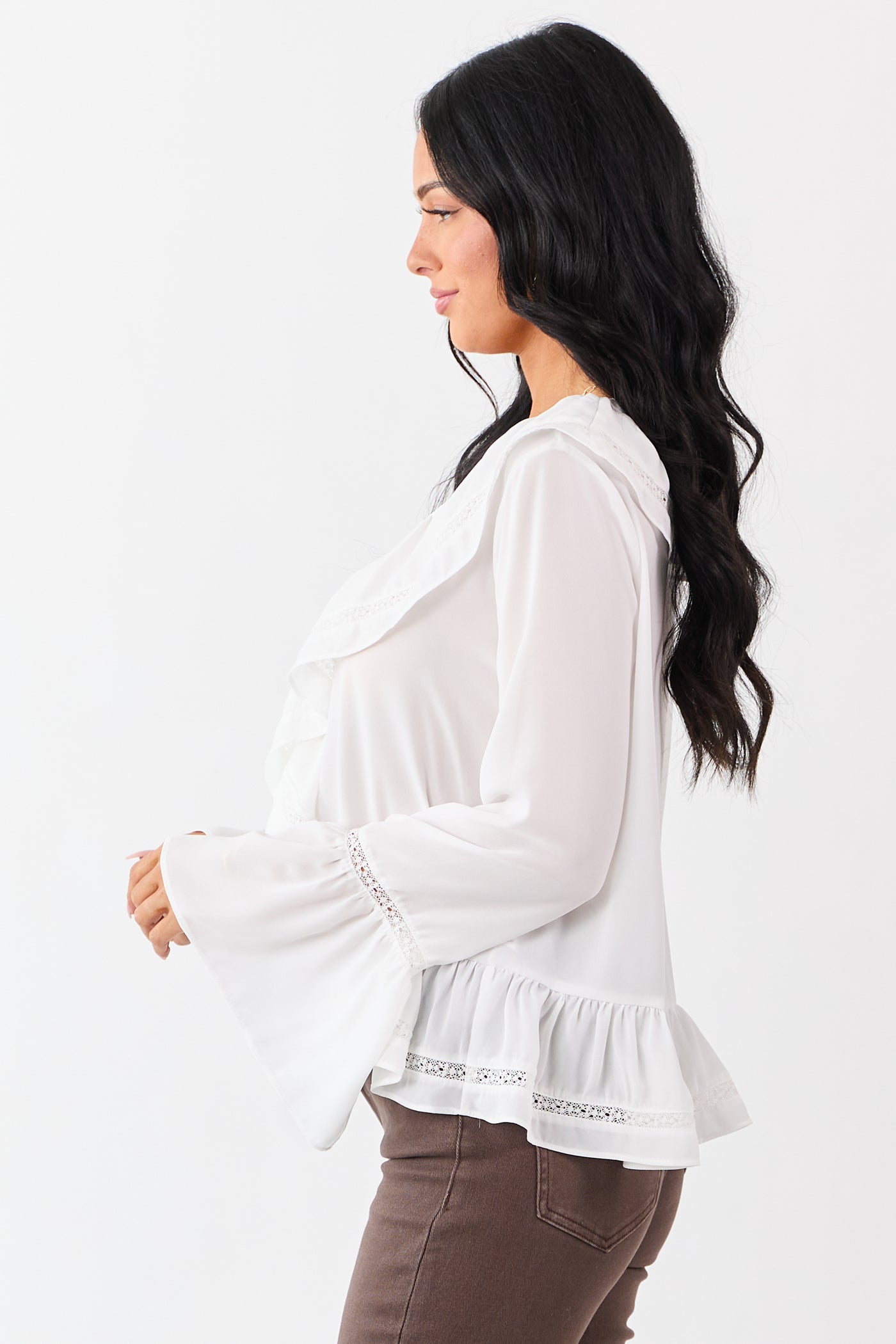 Ivory Trumpet Sleeve Ruffled Lace Trim Boho Blouse