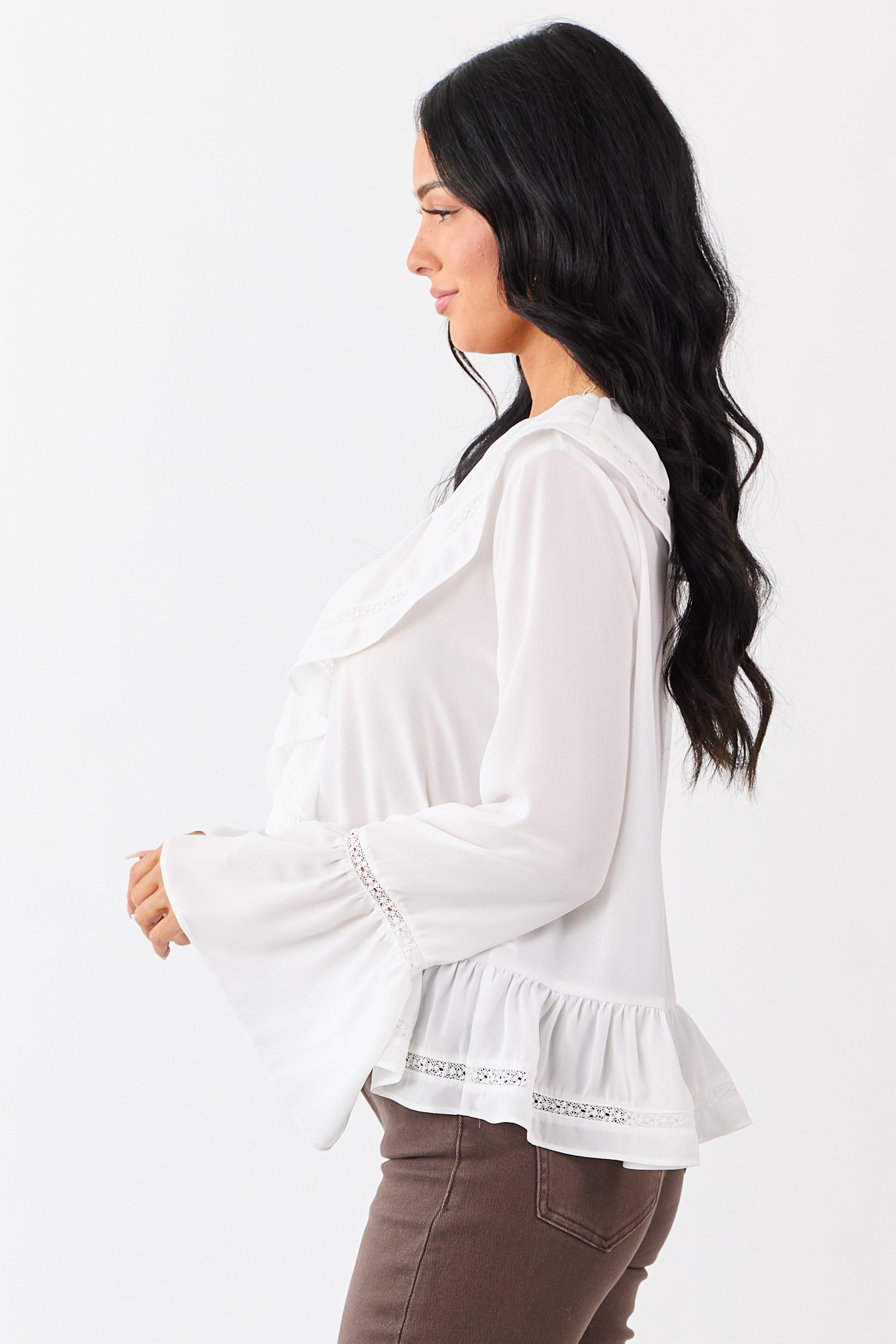 Ivory Trumpet Sleeve Ruffled Lace Trim Boho Blouse