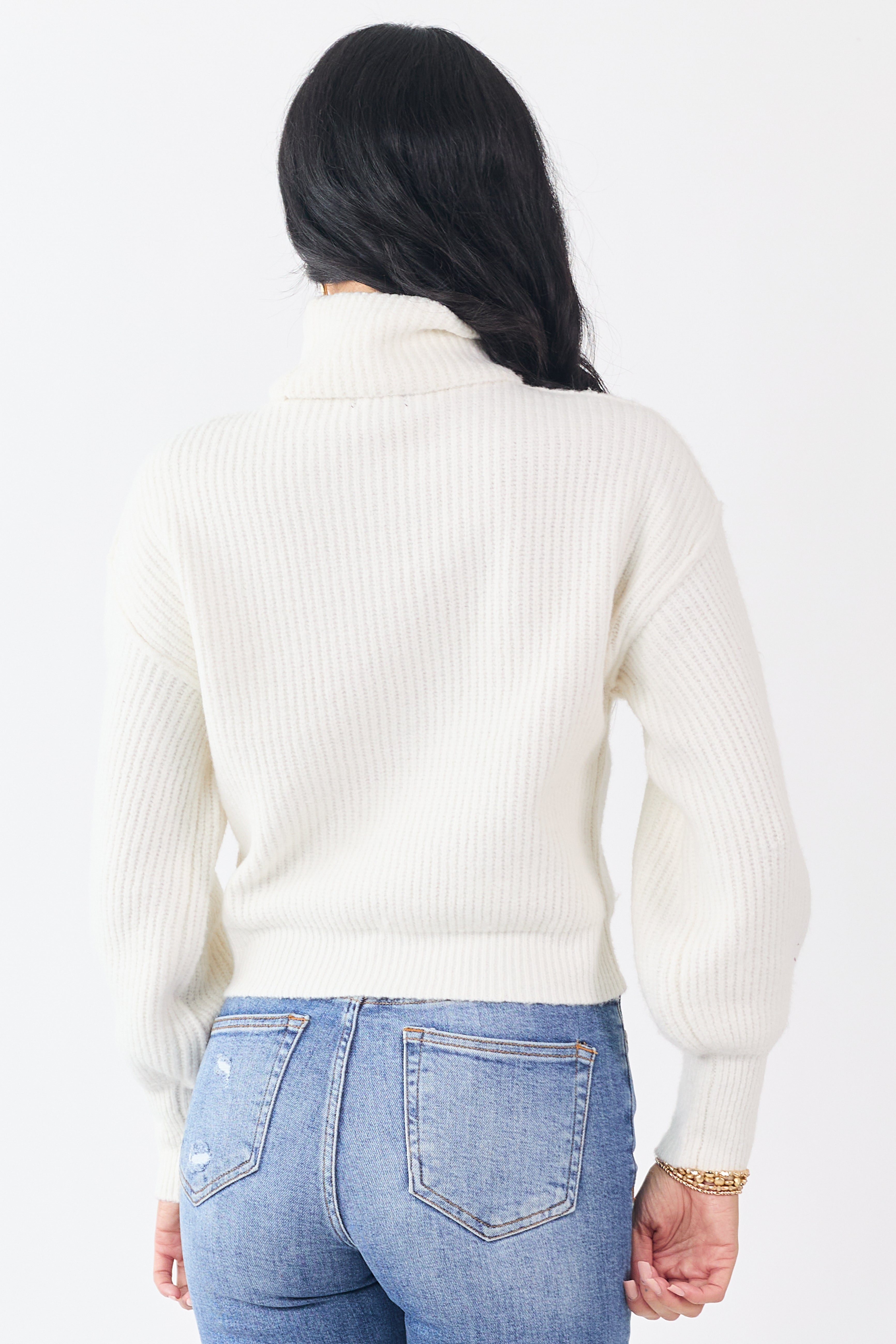 Ivory Turtleneck Bubble Sleeve Rib Knit Sweater