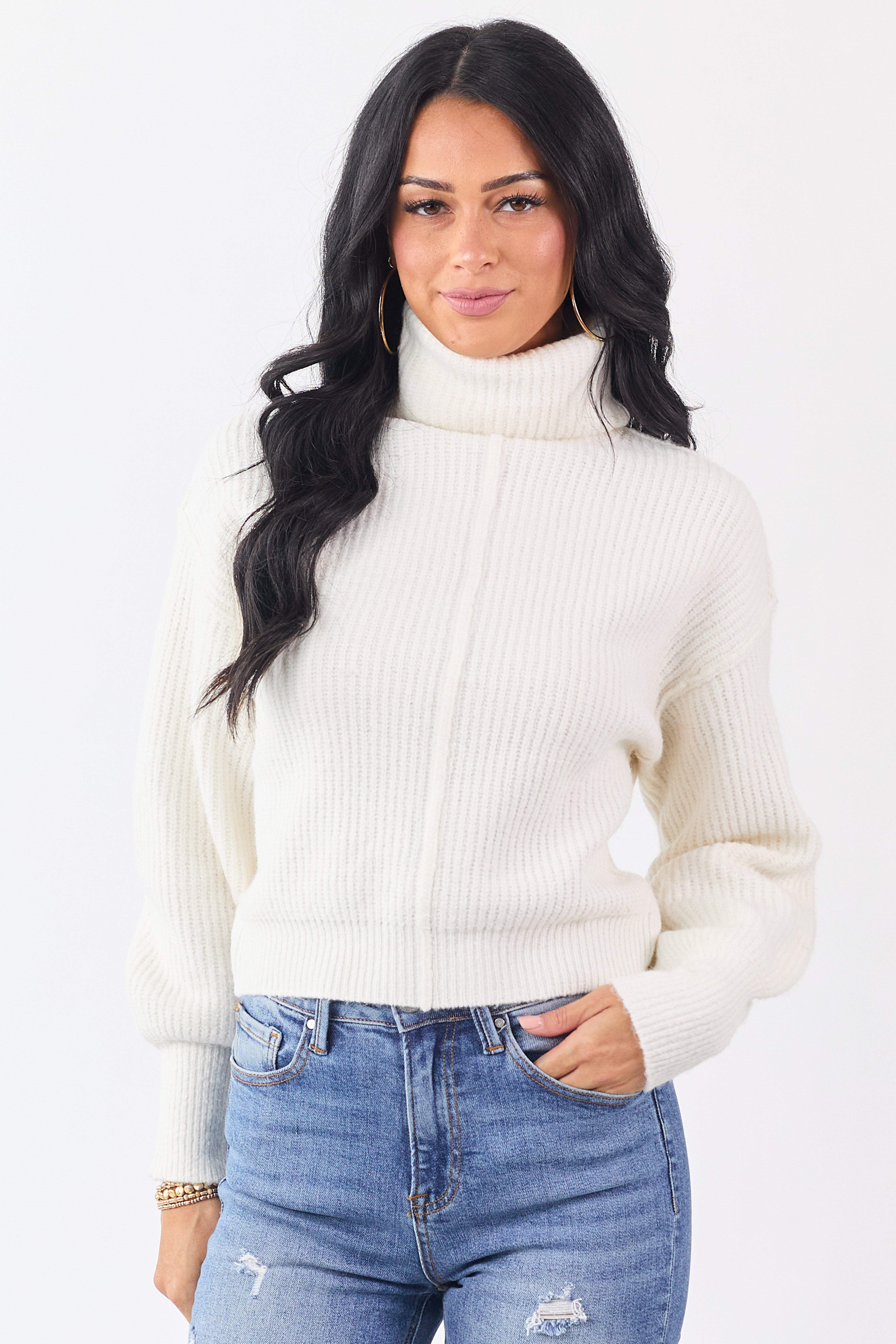 Ivory Turtleneck Bubble Sleeve Rib Knit Sweater