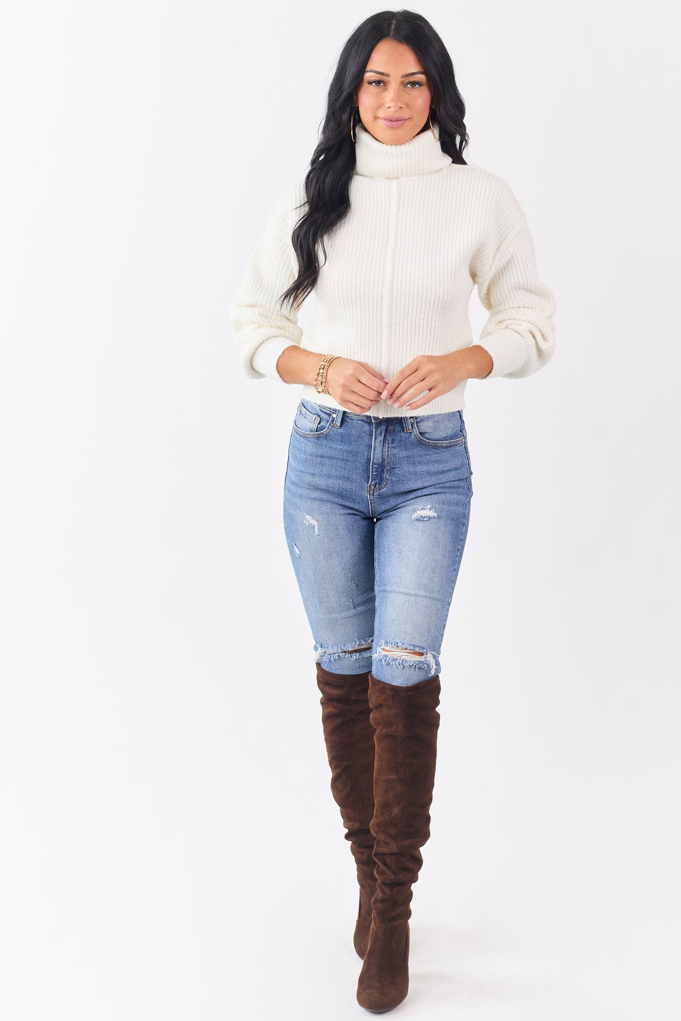 Ivory Turtleneck Bubble Sleeve Rib Knit Sweater