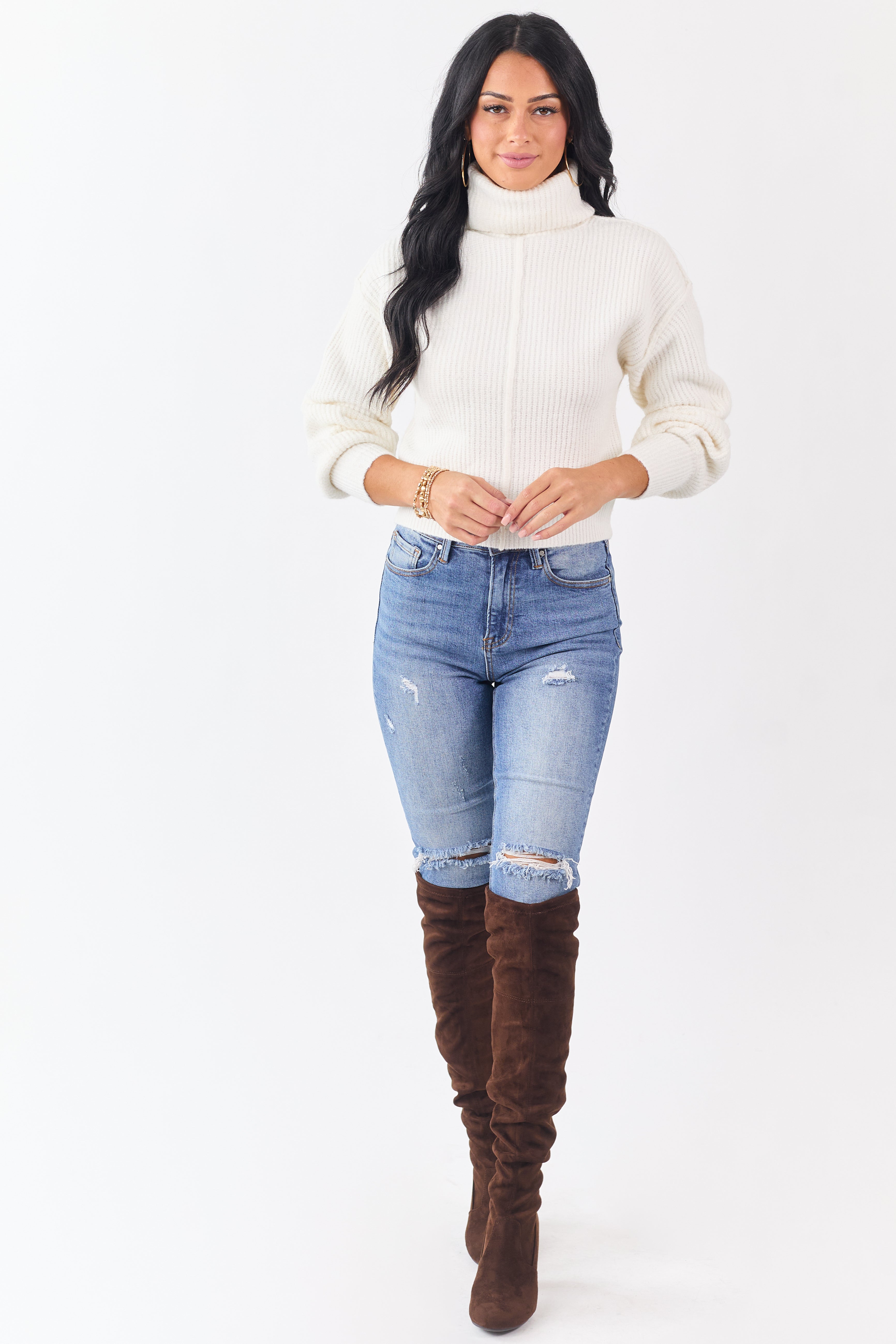 Ivory Turtleneck Bubble Sleeve Rib Knit Sweater