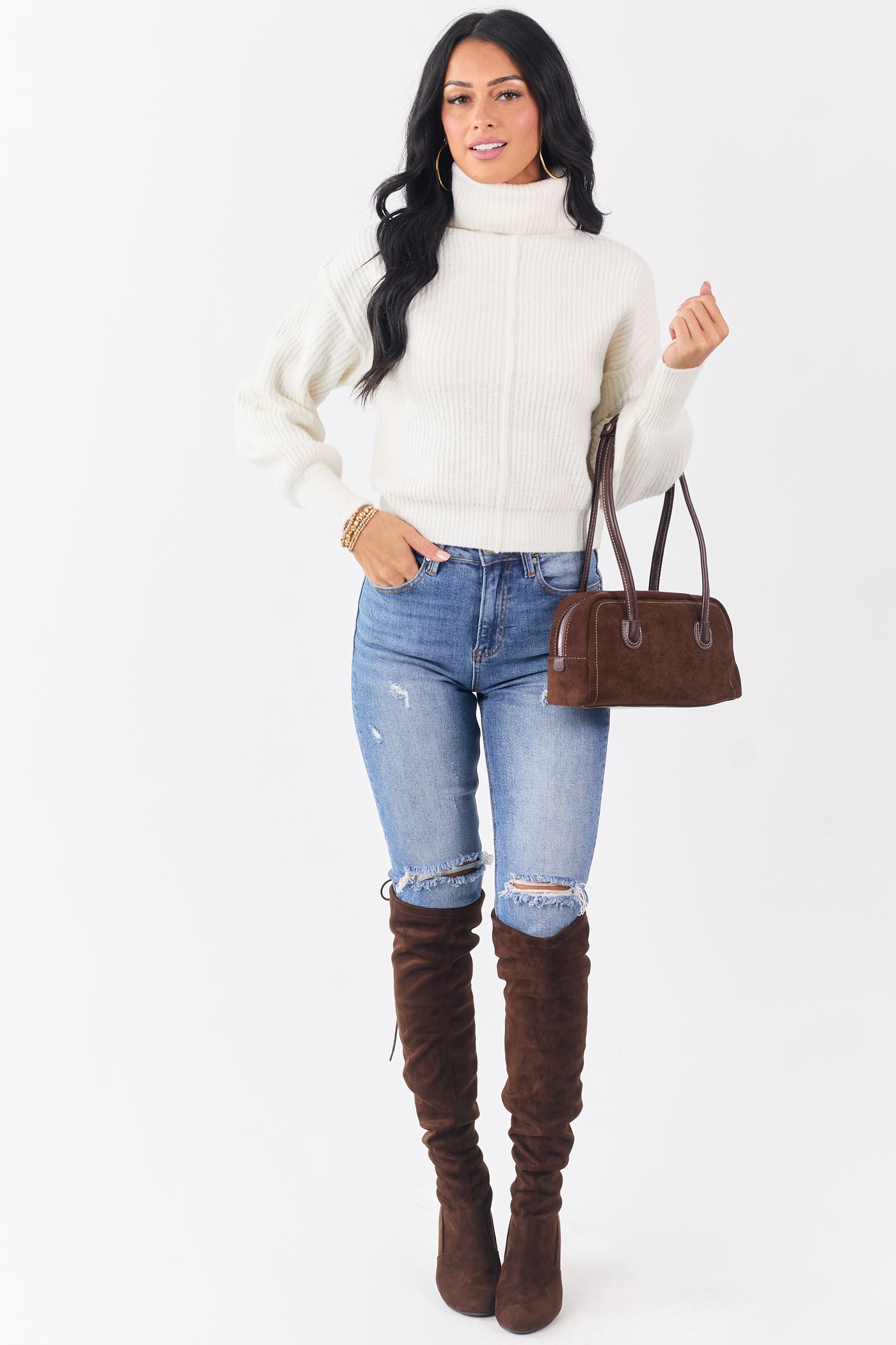 Ivory Turtleneck Bubble Sleeve Rib Knit Sweater