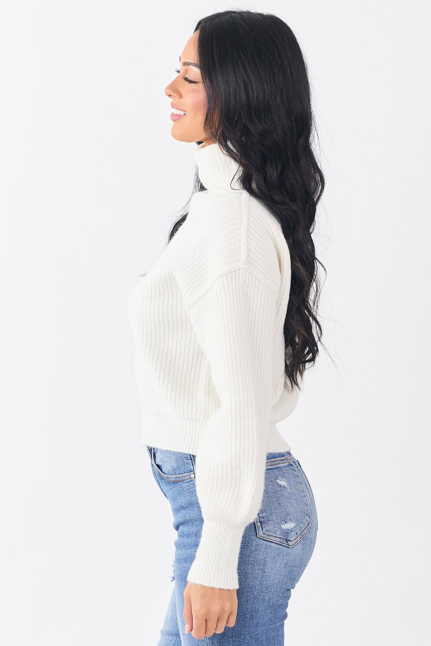 Ivory Turtleneck Bubble Sleeve Rib Knit Sweater