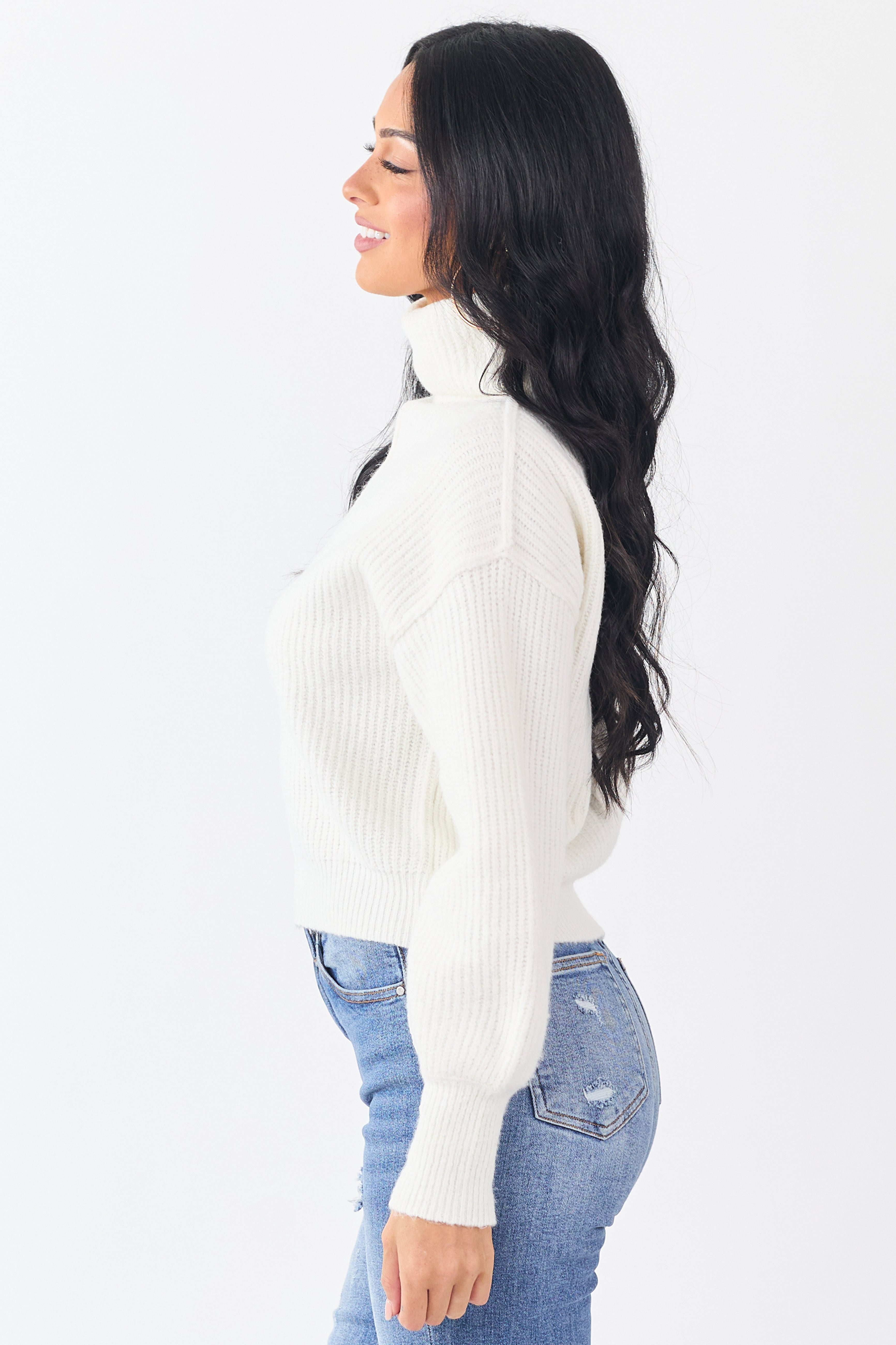 Ivory Turtleneck Bubble Sleeve Rib Knit Sweater