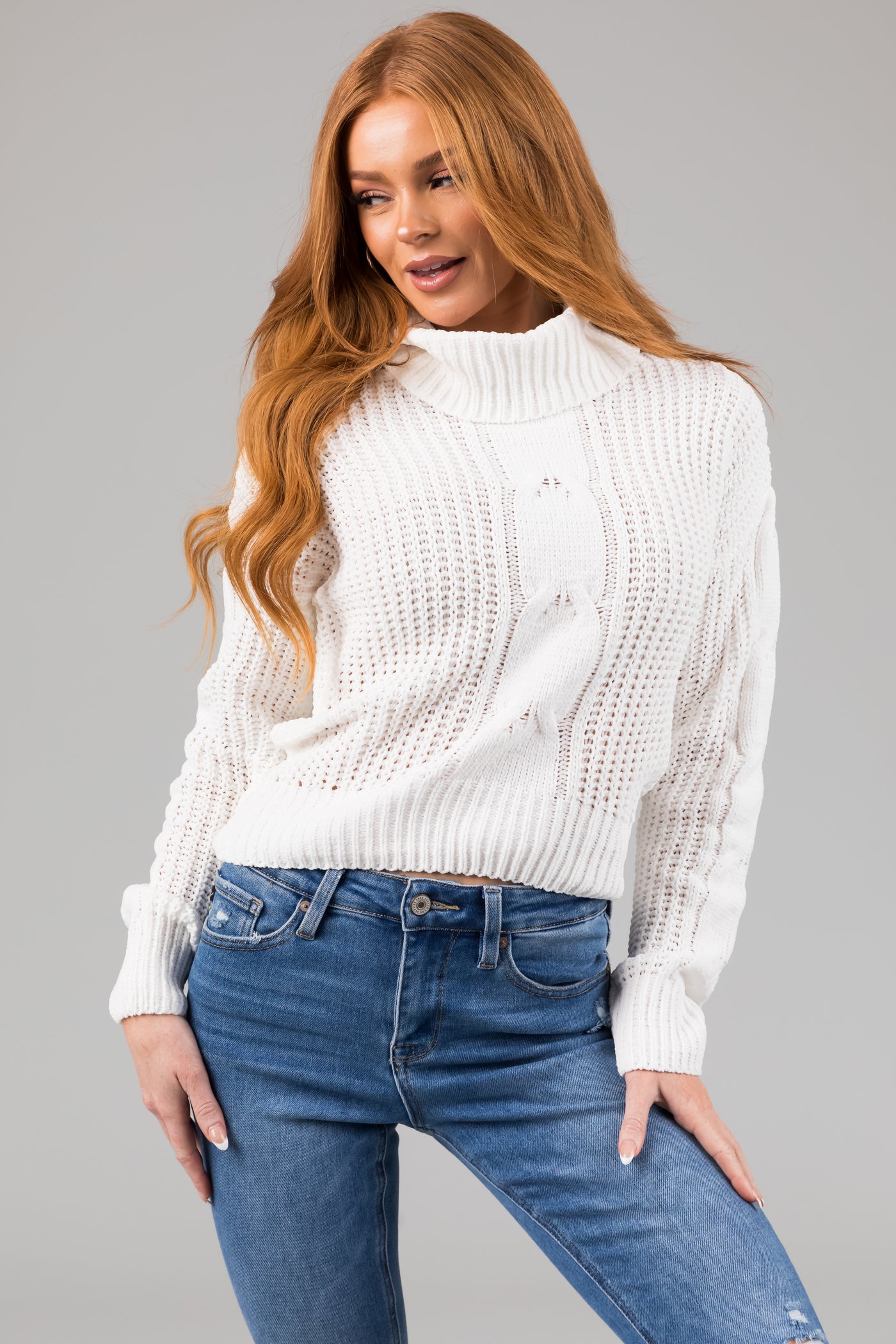 Ivory Turtleneck Cable Knit Chenille Sweater