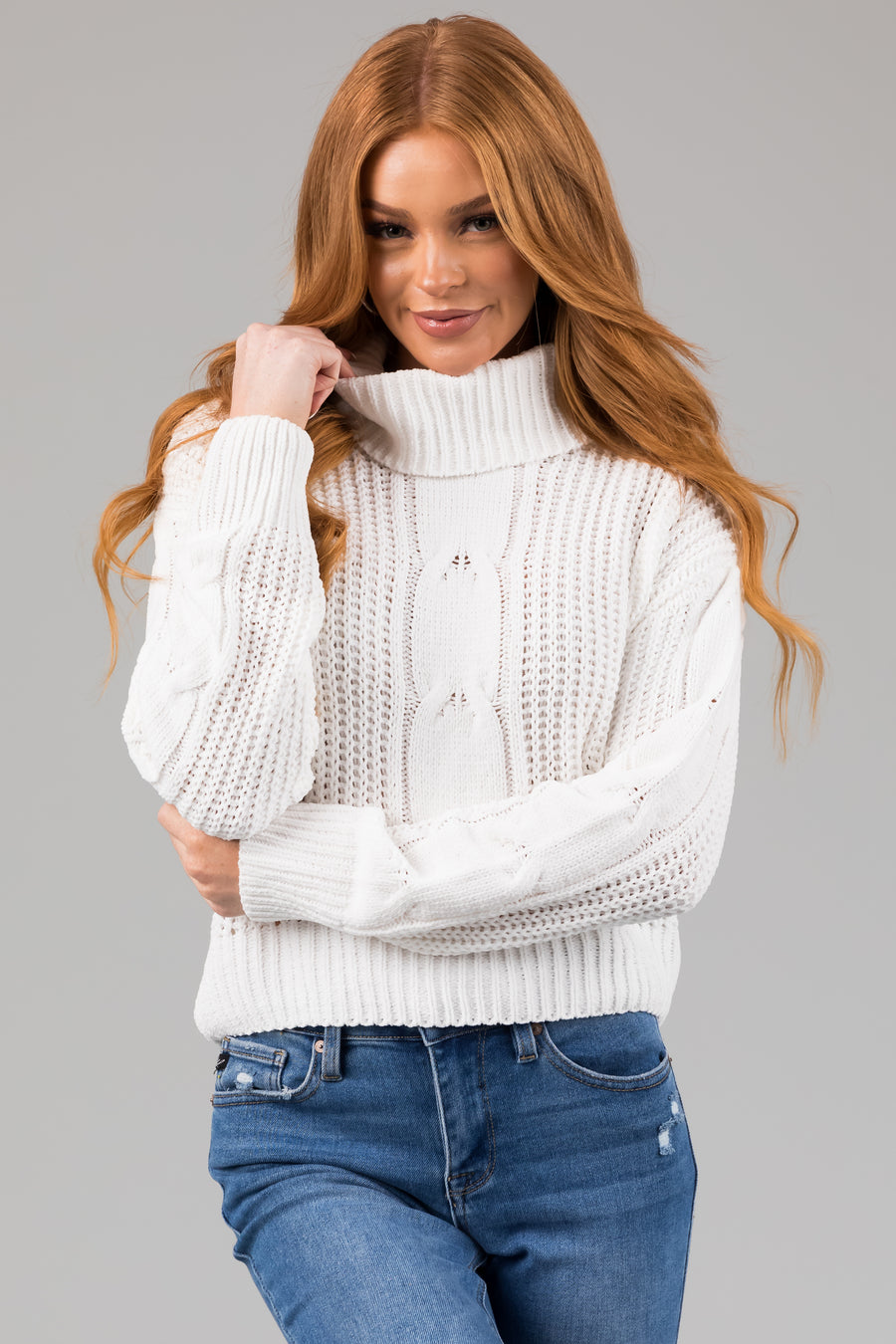 Ivory Turtleneck Cable Knit Chenille Sweater