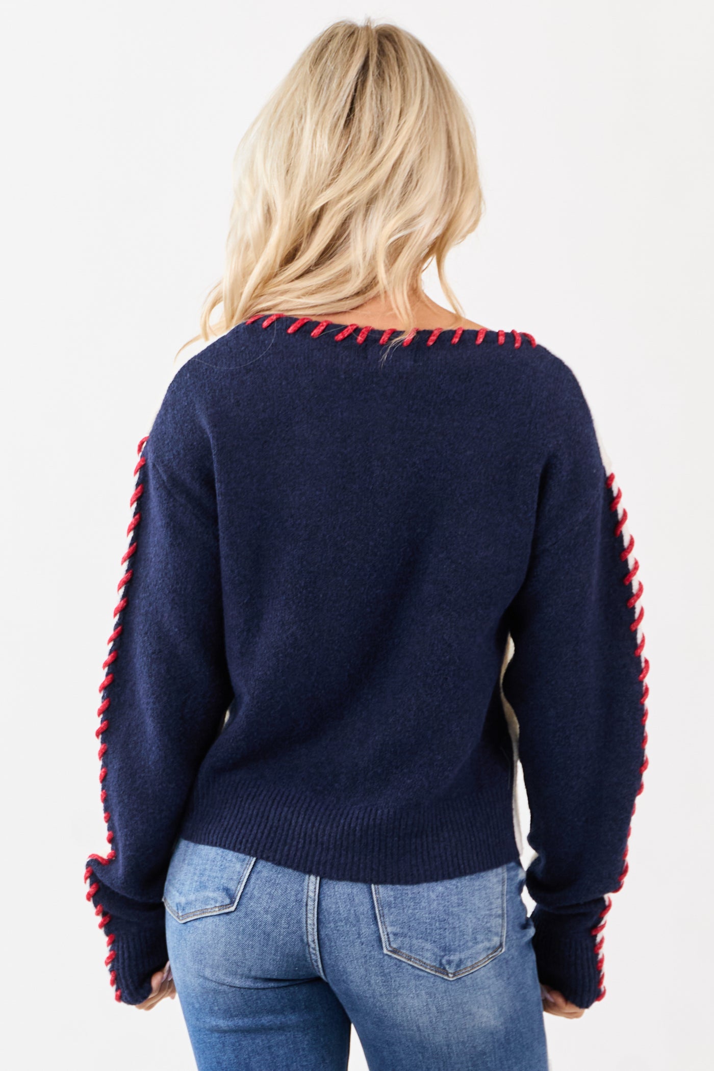 Ivory Two-Tone Whip Stitch Rib Knit Sweater