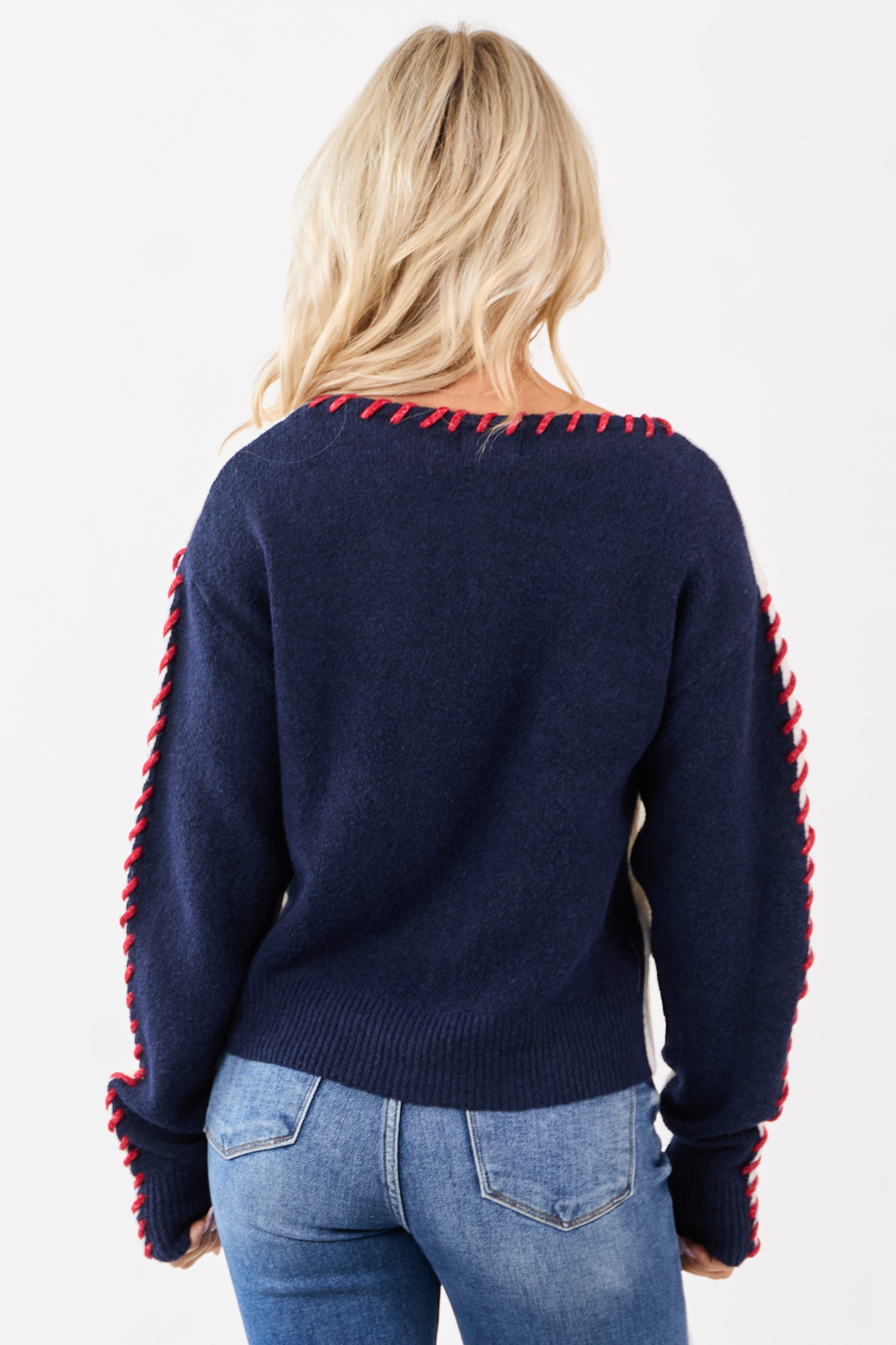 Ivory Two-Tone Whip Stitch Rib Knit Sweater