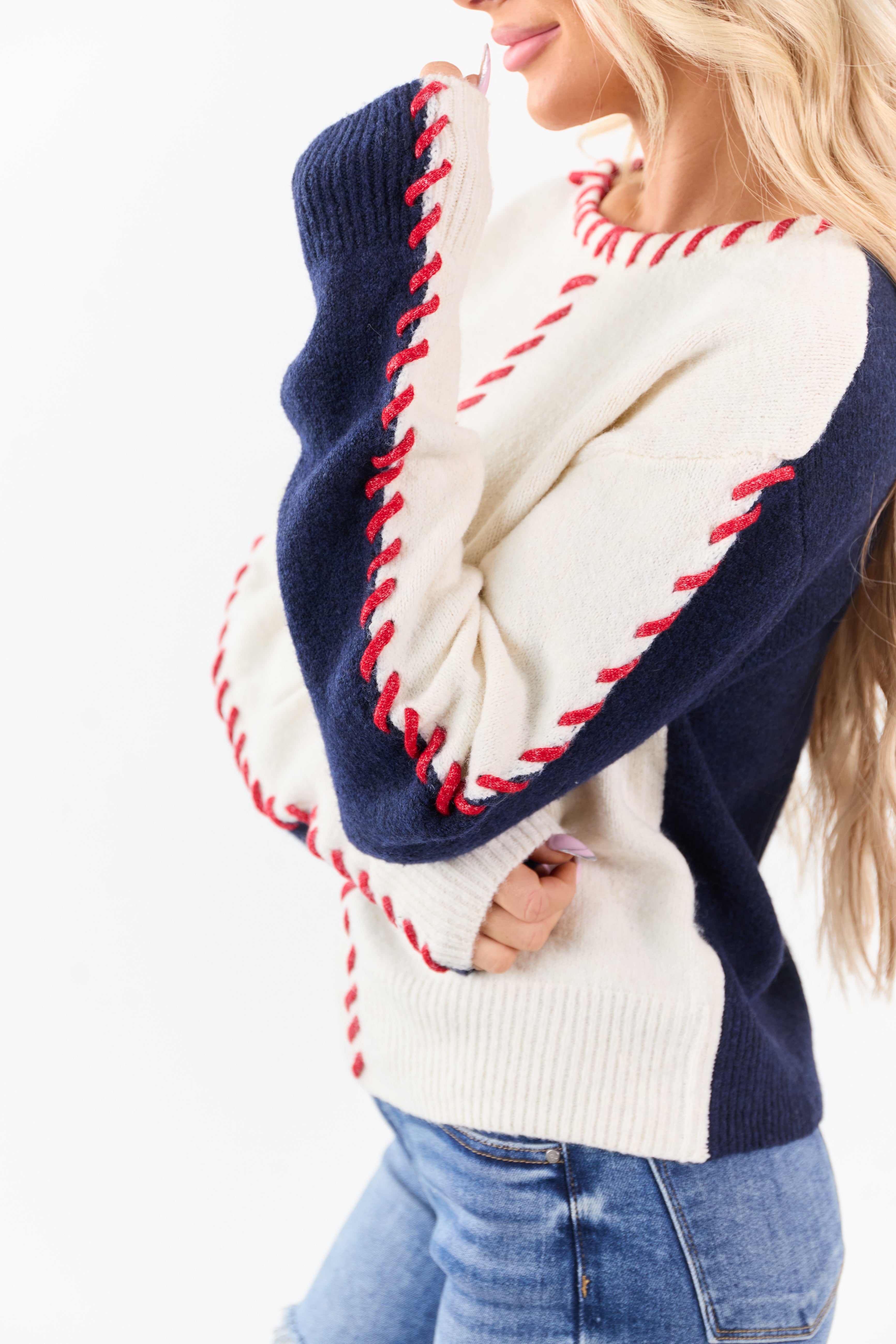 Ivory Two-Tone Whip Stitch Rib Knit Sweater