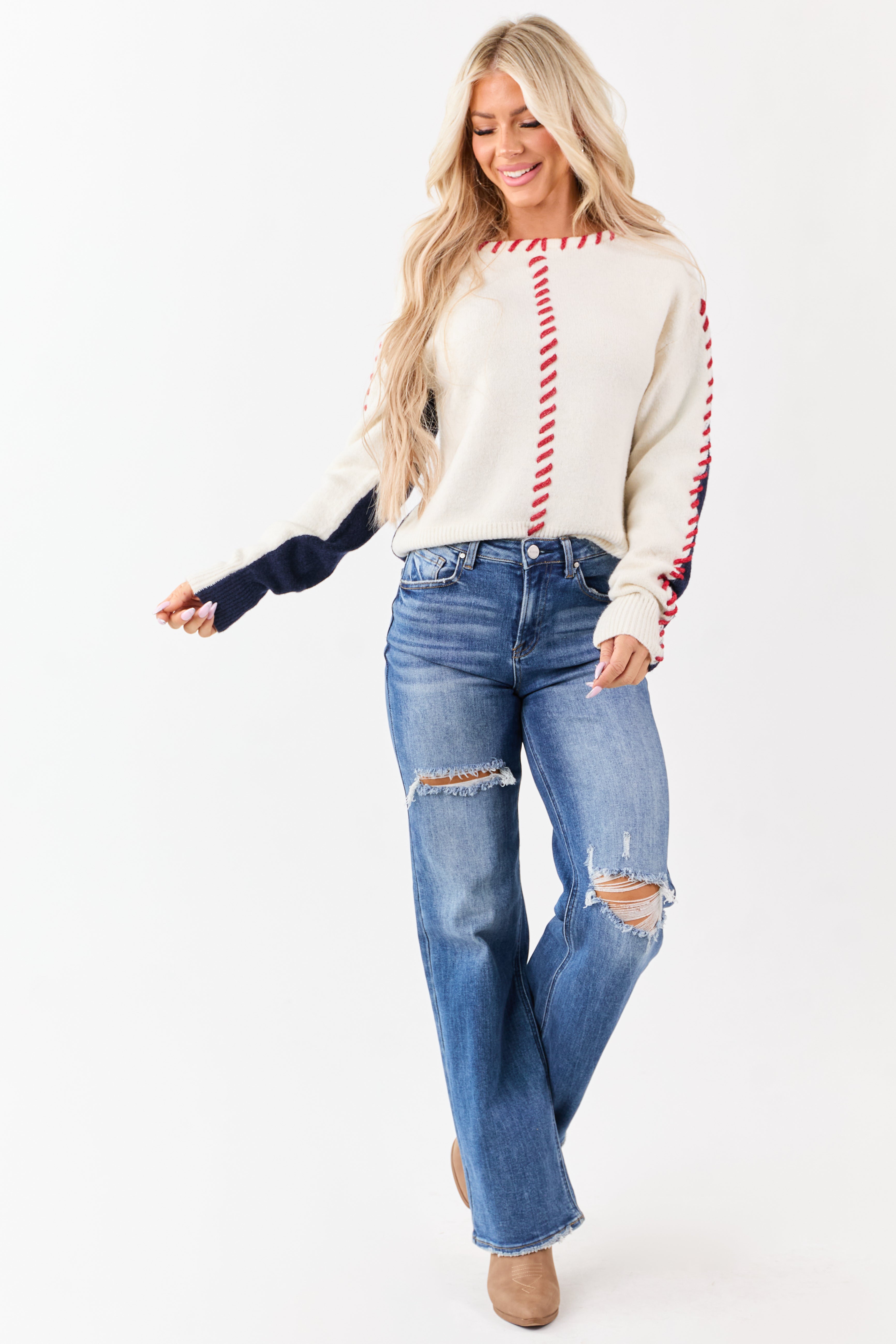 Ivory Two-Tone Whip Stitch Rib Knit Sweater