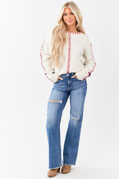 Ivory Two-Tone Whip Stitch Rib Knit Sweater