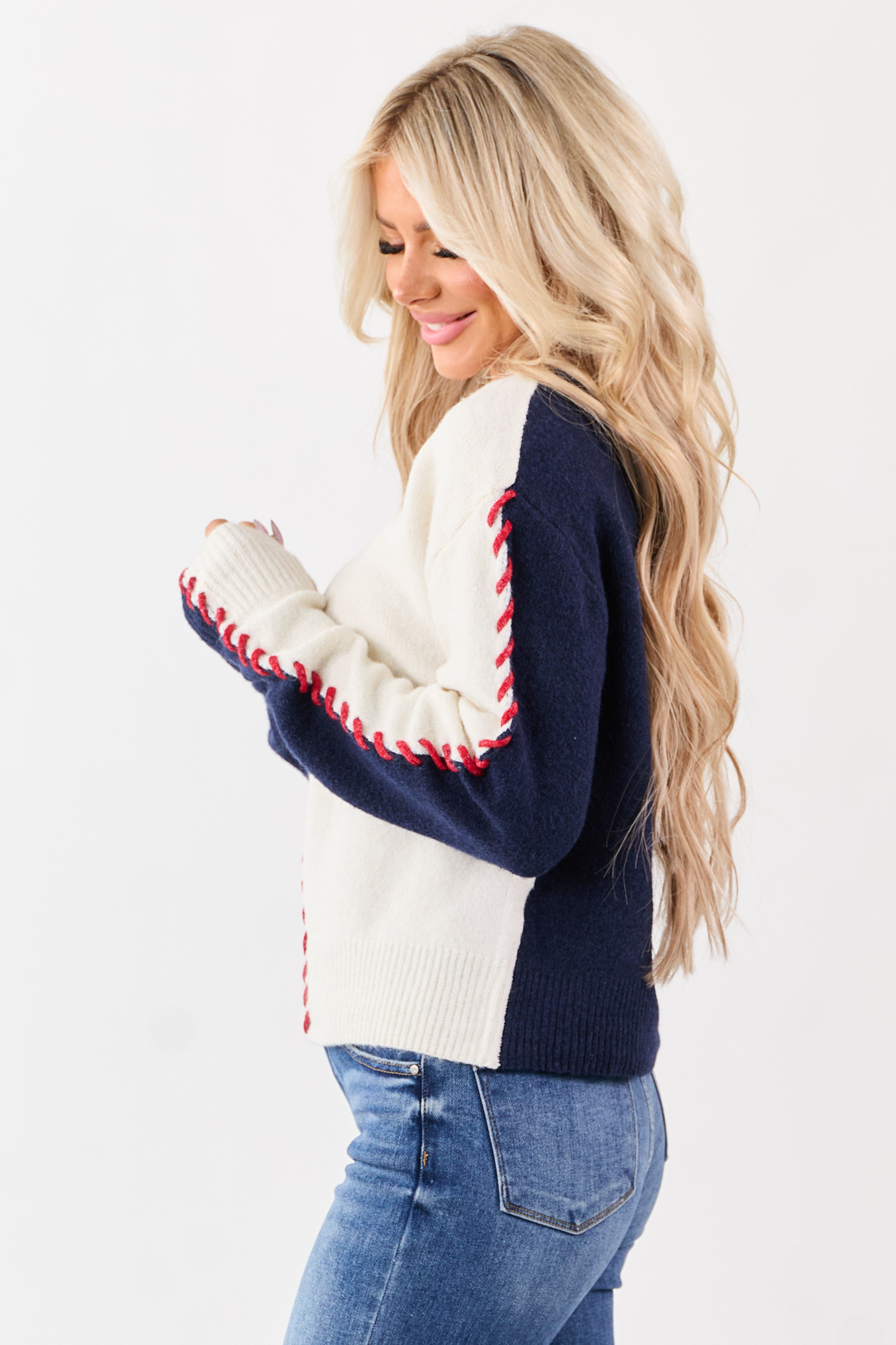 Ivory Two-Tone Whip Stitch Rib Knit Sweater