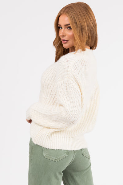 Ivory V Neck Long Sleeve Knit Sweater