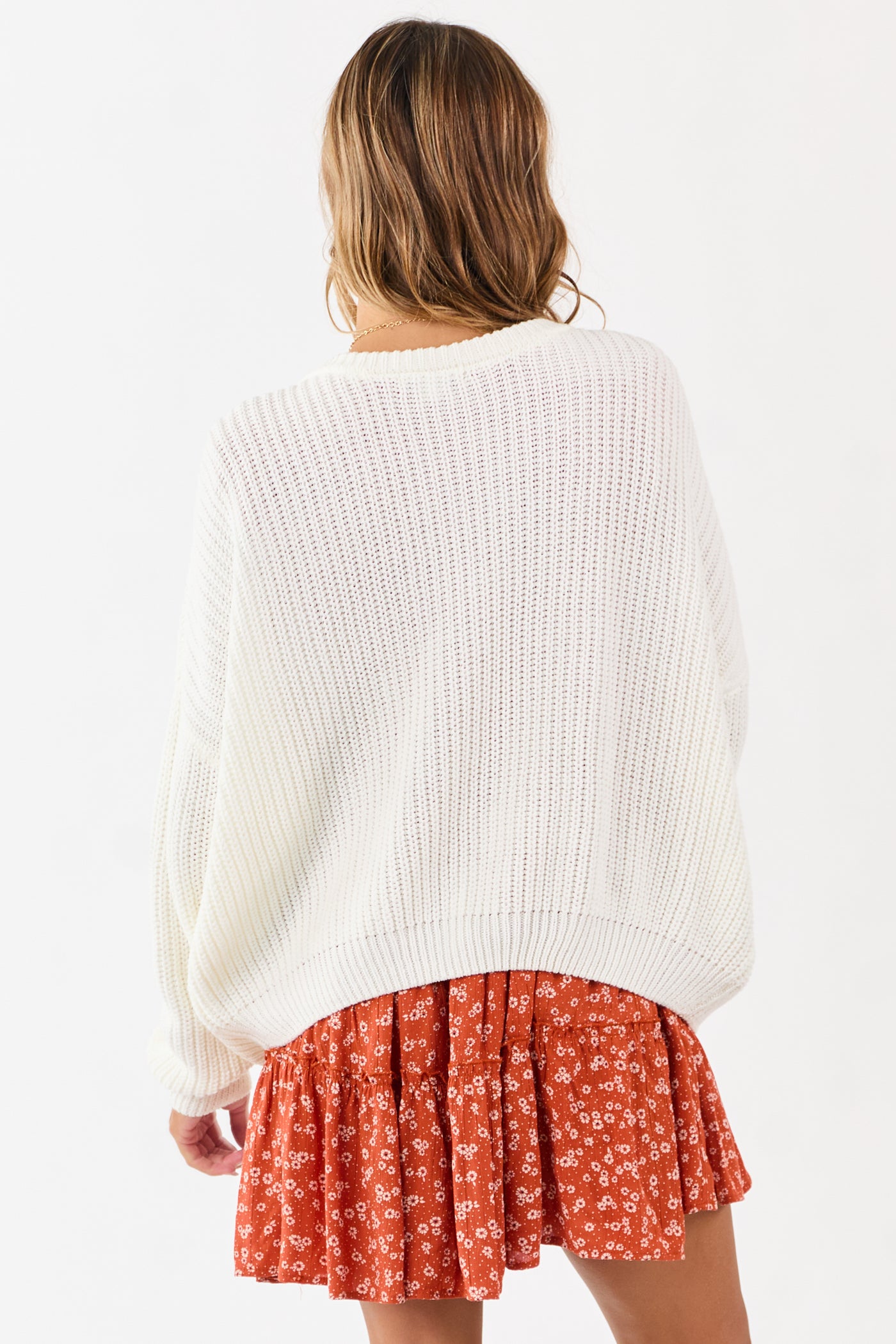 Ivory V-Neck Rib Knit Relaxed Sweater